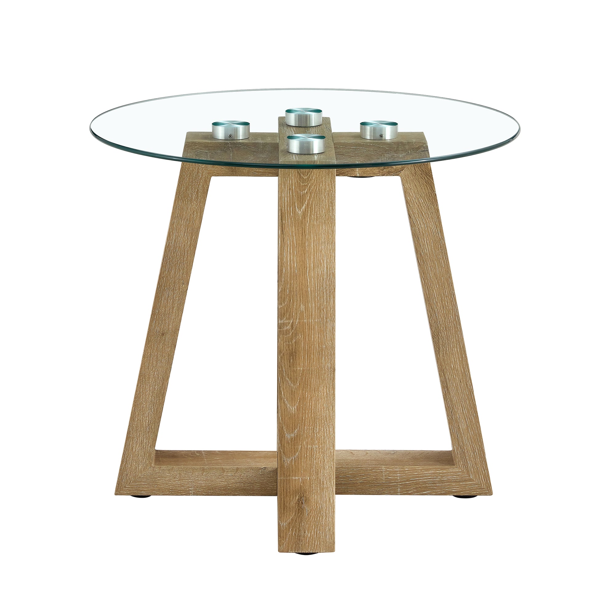 Modern And Practical Round Table. Made Of Clear Tempered Glass Top And Wood Coloured Mdf Material. Suitable For Living Rooms And Bedrooms. Wood Mdf Glass