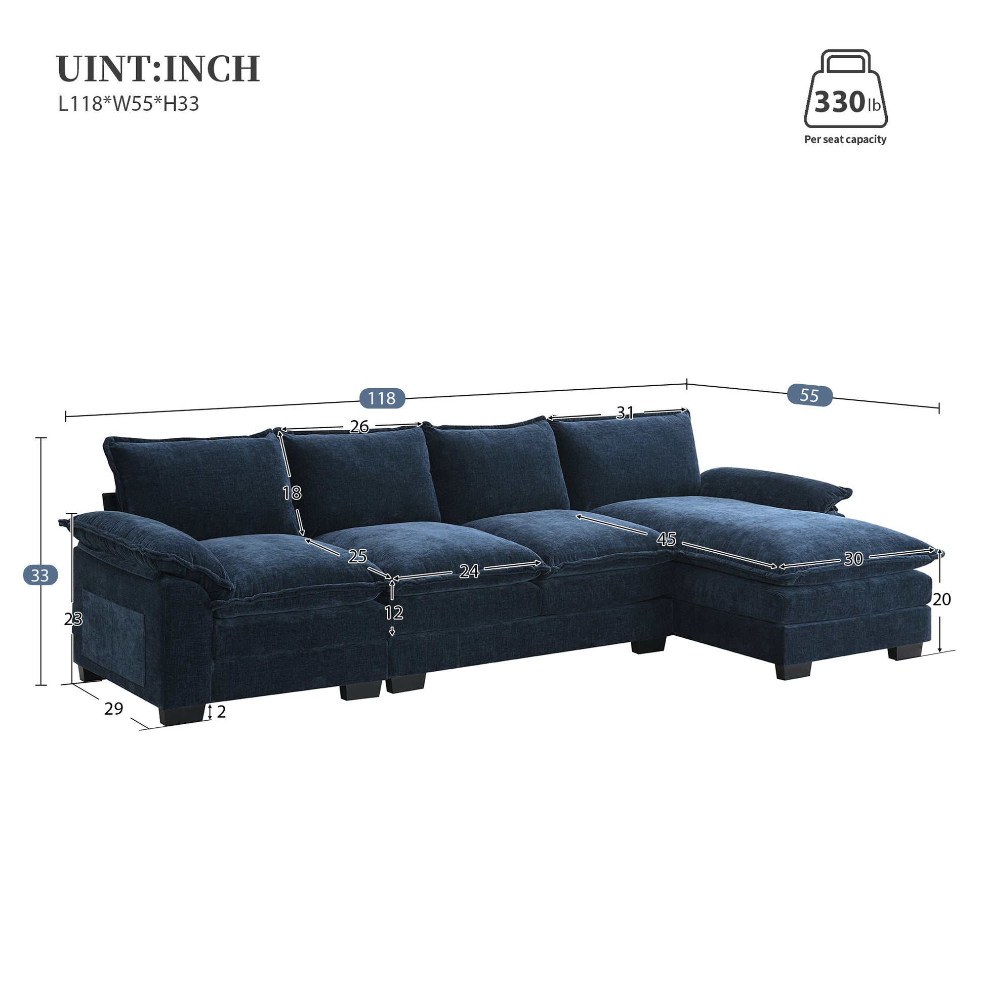 118*55" Modern L Shaped Chenille Cloud Sofa With Double Seat Cushions,5 Seat Upholstered Indoor Furniture,Sleeper Sofa Couch With Chaise Lounge For Living Room,Apartment,3 Colors Dark Navy Chenille 4 Seat