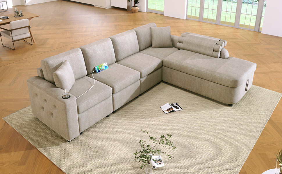 109.8"L Shaped Couch Sectional Sofa With Storage Chaise,Cup Holder And Usb Ports For Living Room, Beige Beige Foam Chenille 4 Seat