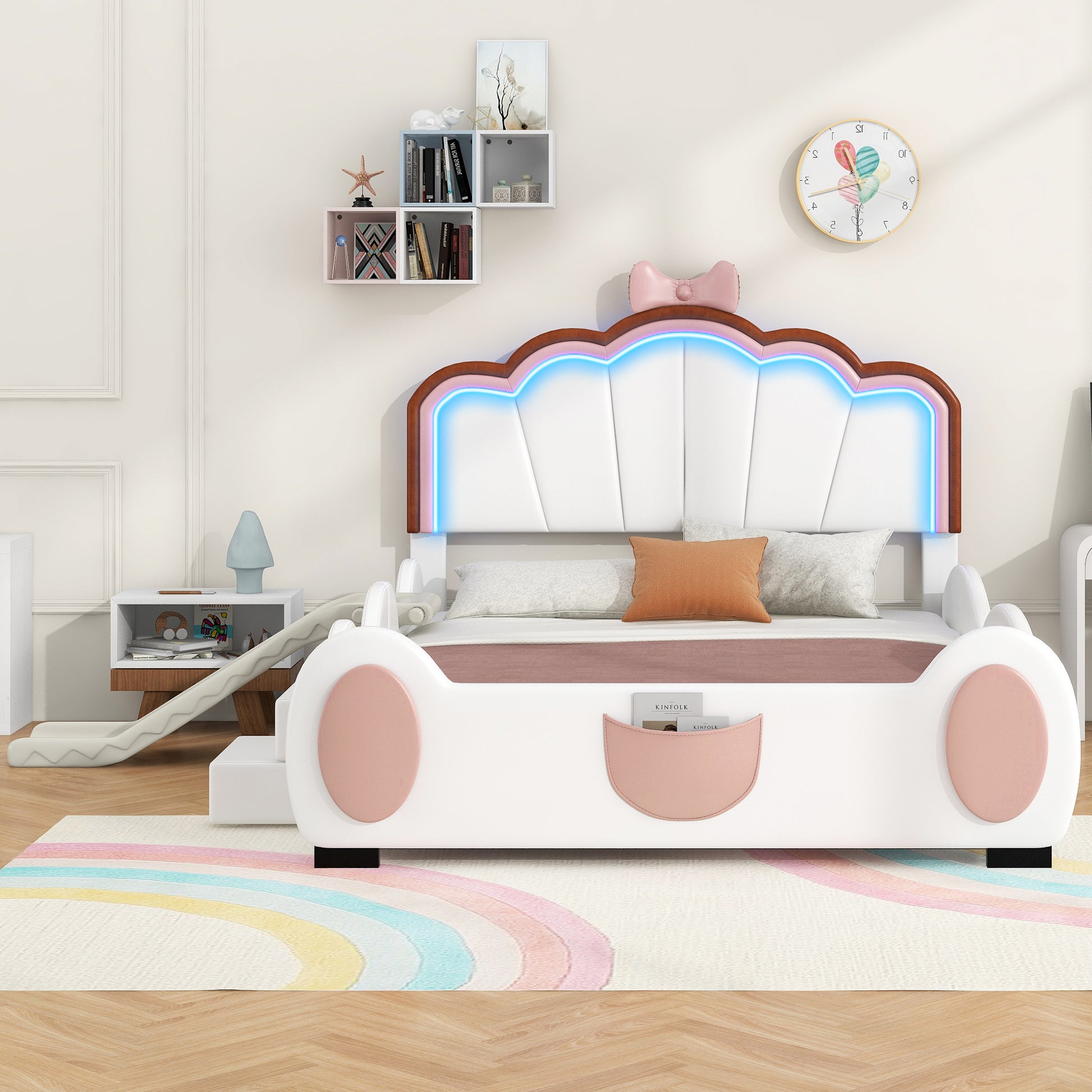 Full Size Upholstered Led Light Platform Bed With Shell Headboard And Children'S Slide, Pink Box Spring Not Required Full Pink White Wood Bedroom Bed Frame Faux Leather Upholstered