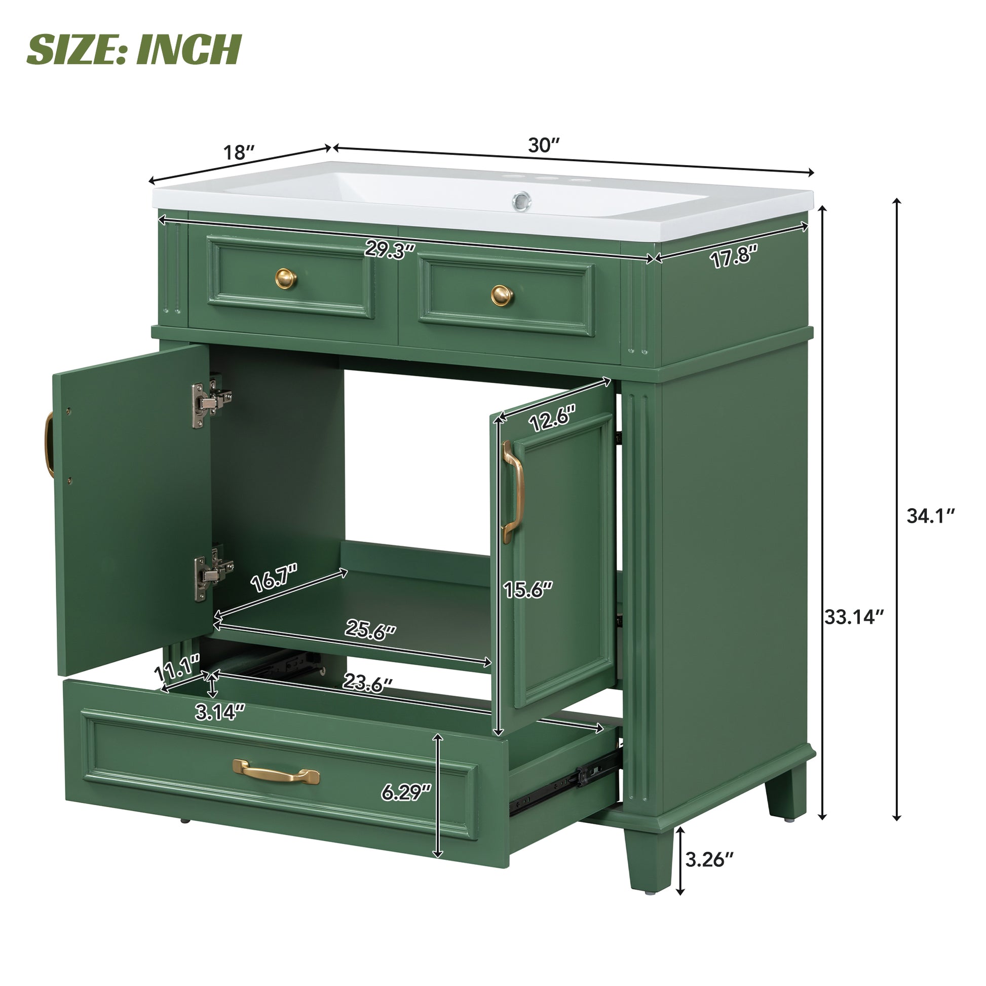 30'' Bathroom Vanity Without Top,Solid Wood Frame Bathroom Storage Cabinet With Soft Closing Doors,Frame Bathroom Storage Cabinet Only, Retro Style, Green 1 Green 2 Bathroom Freestanding Modern Solid Wood Mdf Resin Painted