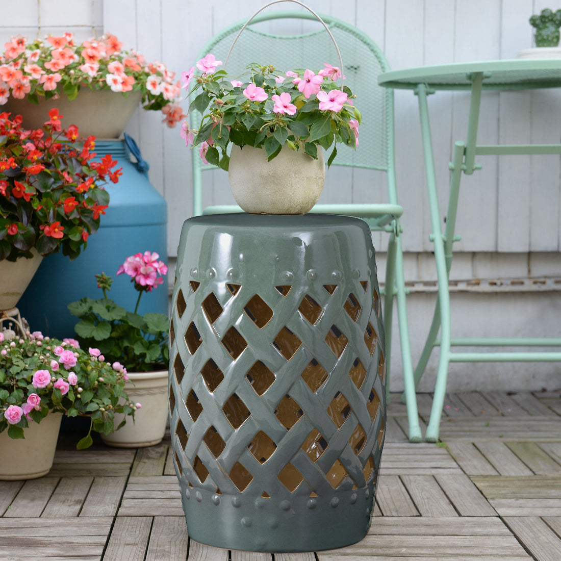 Outsunny 13" X 18" Ceramic Garden Stool With Woven Lattice Design & Glazed Strong Materials Decorative End Table, Green Green Porcelain
