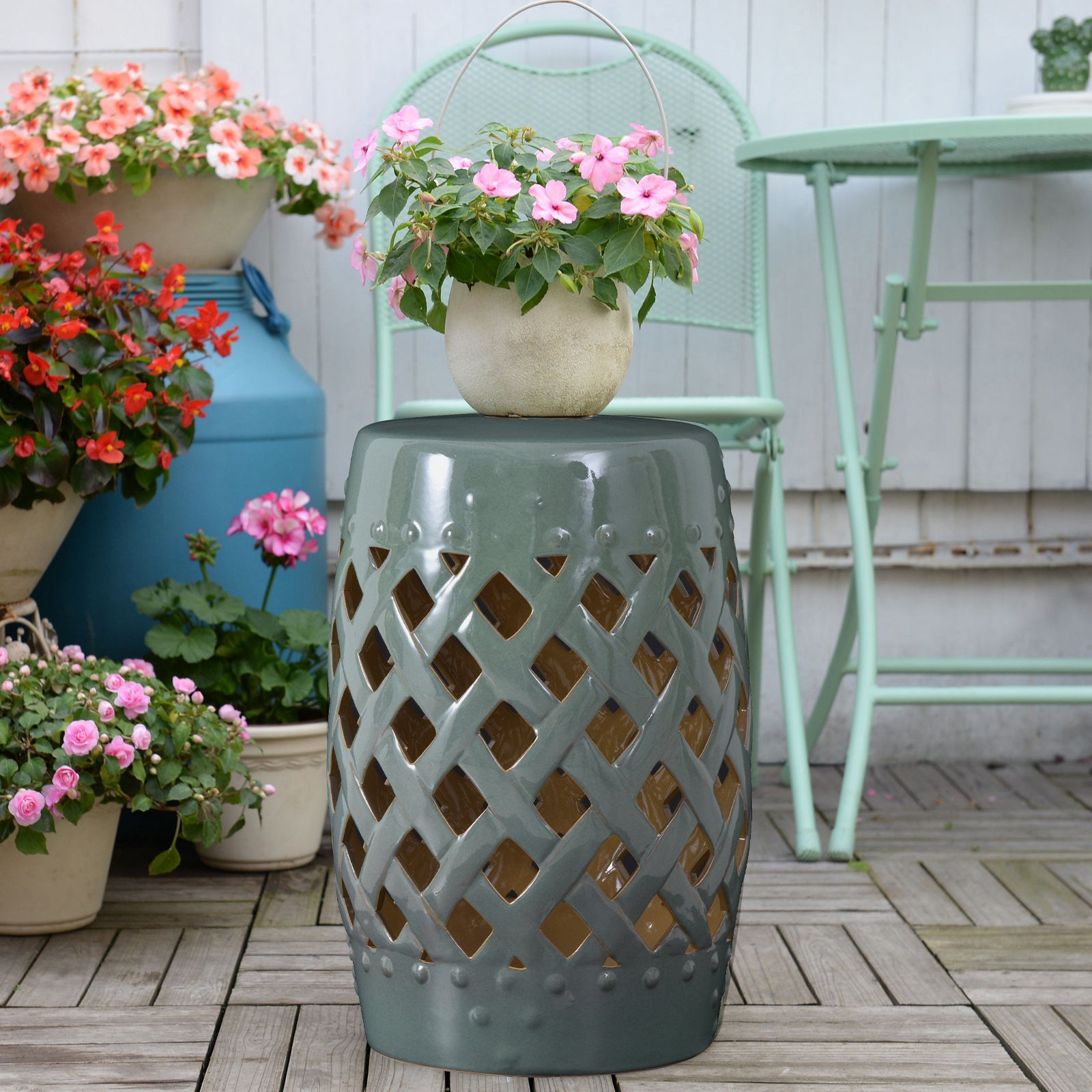 Outsunny 13" X 18" Ceramic Garden Stool With Woven Lattice Design & Glazed Strong Materials Decorative End Table, Green Green Porcelain