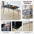 Table And Chair Set. 1 Table With 4 Gray Pu Chairs. Modern Minimalist Rectangular Black Imitation Marble Dining Table, With Golden Metal Legs. Paired With 4 Chairs With Golden Legs.Dt 1544 C001 Black Gold Glass Metal