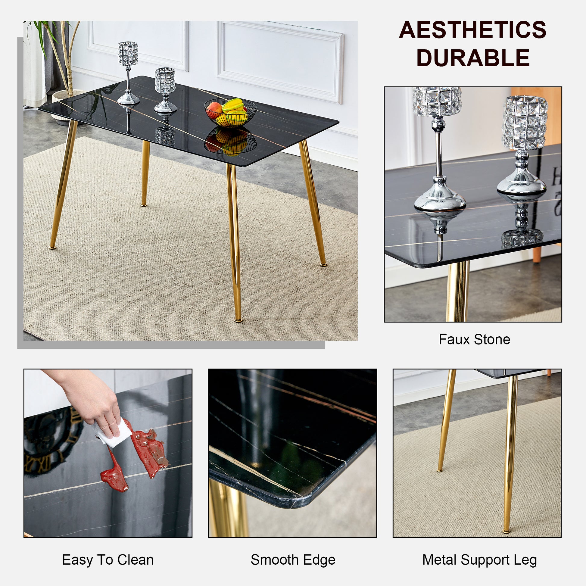 Table And Chair Set. 1 Table With 4 Gray Pu Chairs. Modern Minimalist Rectangular Black Imitation Marble Dining Table, With Golden Metal Legs. Paired With 4 Chairs With Golden Legs.Dt 1544 C001 Black Gold Glass Metal