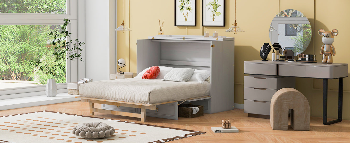 Full Size Murphy Bed With Large Drawers,White Full White Plywood