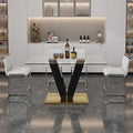 Table And Chair Set. A Rectangular Glass Dining Table With A 0.4 Inch Tempered Glass Tabletop And Mdf Board V Shaped Bracket, Paired With Chairs Consisting Of Pu Seat Cushions And Silver Metal Legs. White Black Seats 4 Tempered Glass