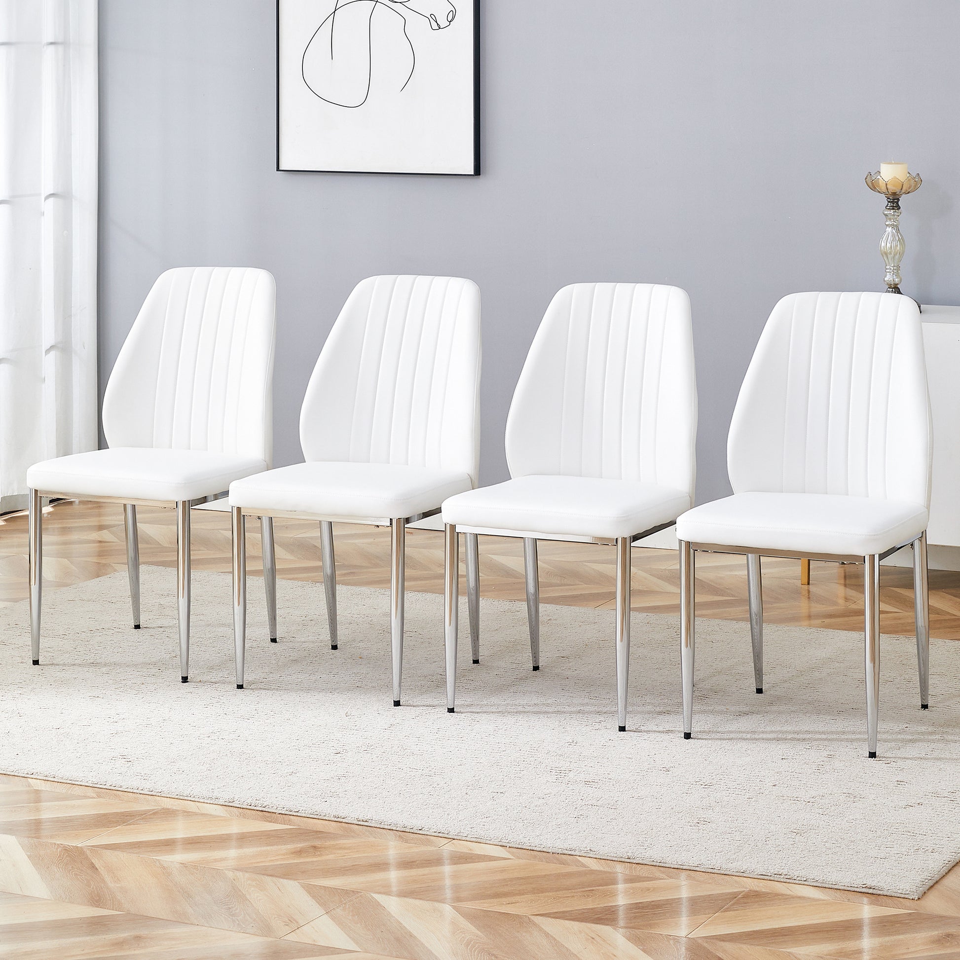 Set Of Four White Pu Comfort Dining Chairs 17.7"X25" .Dining Chair With Extended Backrest,White Pu,Silver Metal Legs,Suitable For Various Places Such As Family Restaurants, Hotels, Coffee Shops,Etc.