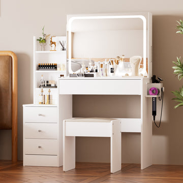 Vanity Table With Led Lit Mirror With Power Outlet And Hairdryer Shelving, With 4 Drawers And Upholstered Stool, Brightness Adjustable In 3 Lighting Modes, Storage Table, White,43.3"L *15.7"W