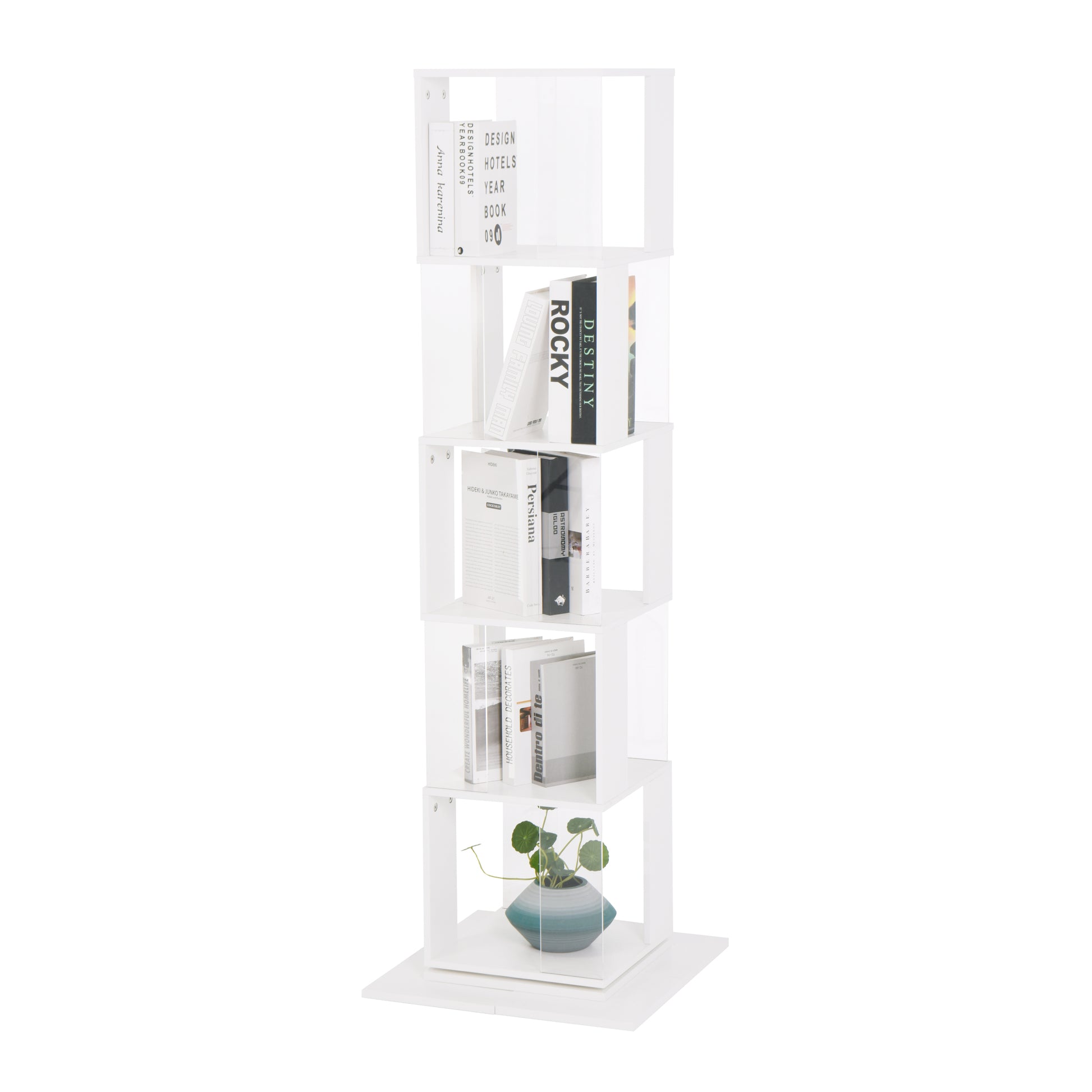 5 Tier Rotating Bookshelf, Floor Rack Simple Bookcase With Acrylic Plate Student Multi Function Creative Bookshelf For Living Room With Anti Toppling Base White Particle Board