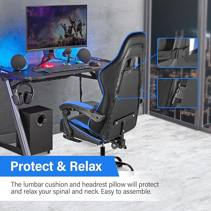 Gaming Chair, Backrest And Seat Height Adjustable Swivel Recliner Racing Office Computer Ergonomic Video Game Chair With Footrest And Lumbar Support, Black Blue Black Blue Plastic