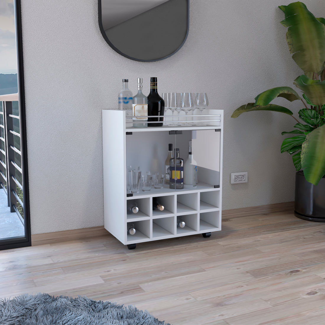 St Andrews Bar Cart With Built In 8 Bottle Rack, Double Glass Door Cabinet, And Aluminum Edged Top Surface White Primary Living Space Modern Particle Board Shelves Included Engineered Wood