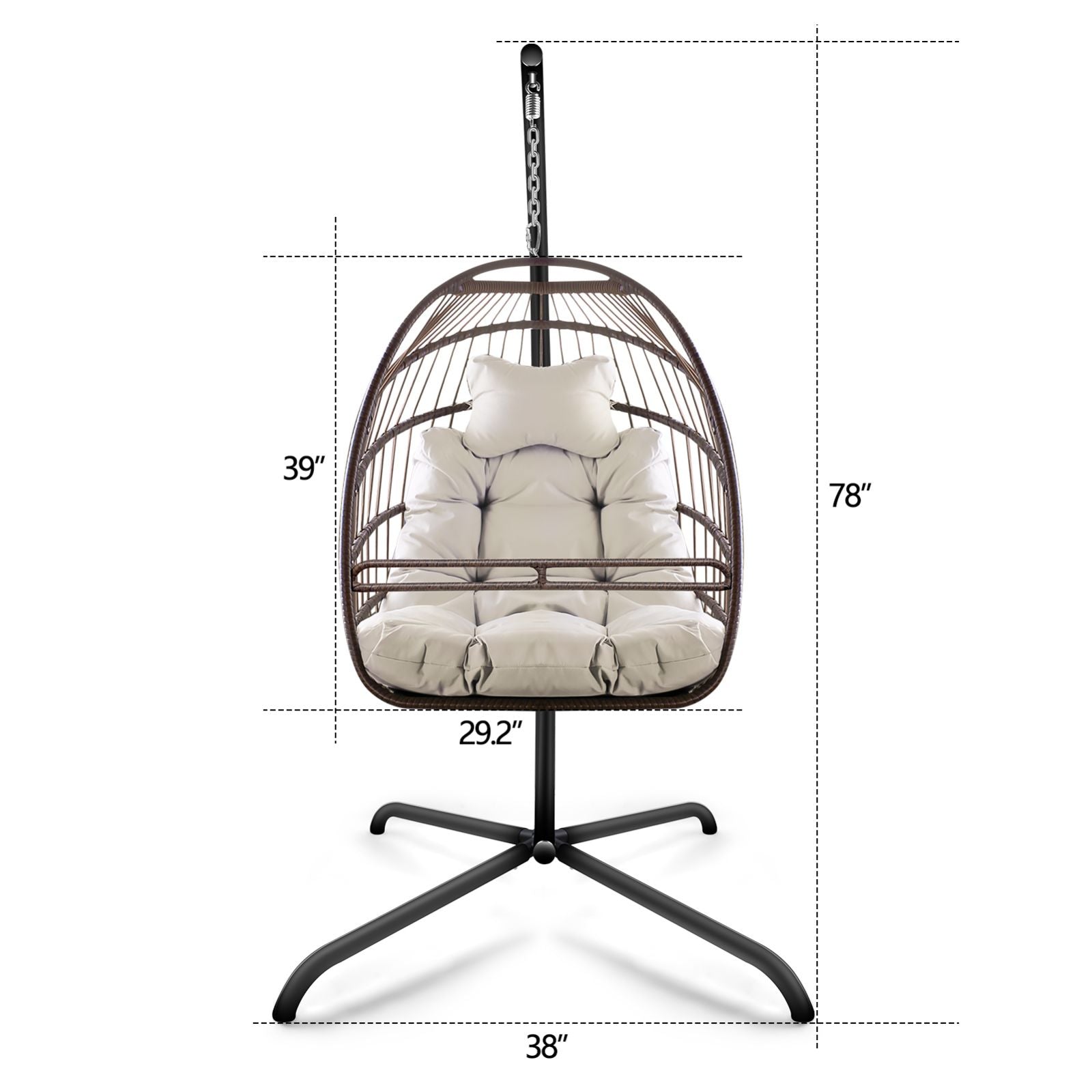 Swing Egg Chair With Stand Indoor Outdoor Wicker Rattan Patio Basket Hanging Chair With C Type Bracketwith Cushion And Pillow,Patio Wicker Folding Hanging Chair Special Construction Cup Holder Beige