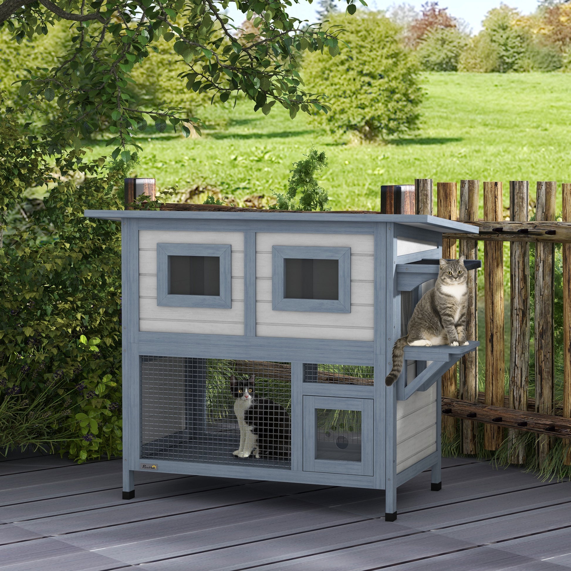 Pawhut Outdoor Cat House, 2 Tier Weatherproof Feral Cat Shelter With Escape Door, Asphalt Roof, Jump Platform, Large Wooden Cat House For Outside, Backyard, Light Gray Light Grey Wood