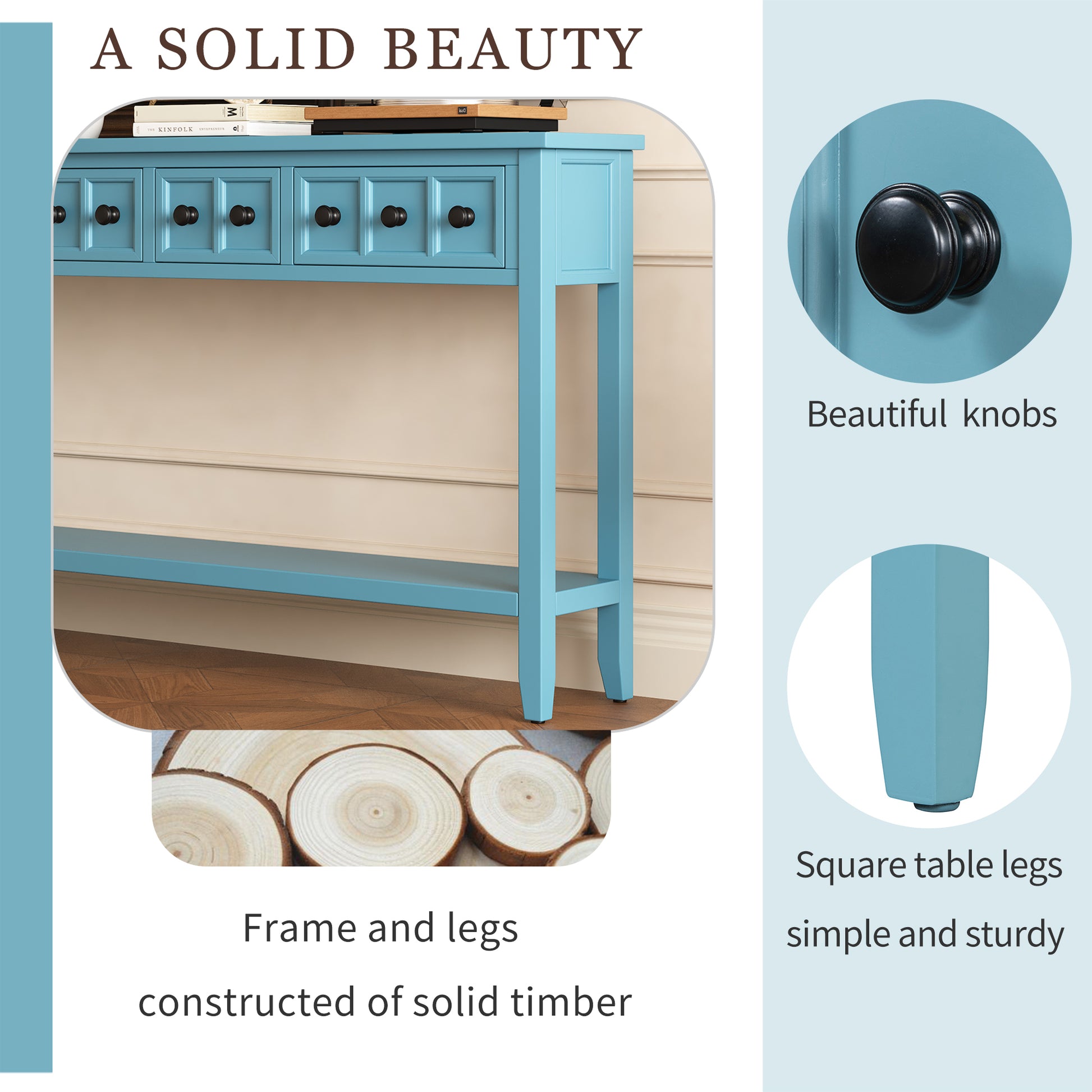 Rustic Entryway Console Table, 60" Long Sofa Table With Two Different Size Drawers And Bottom Shelf For Storage Turquoise Green Turquoise Green Solid Wood