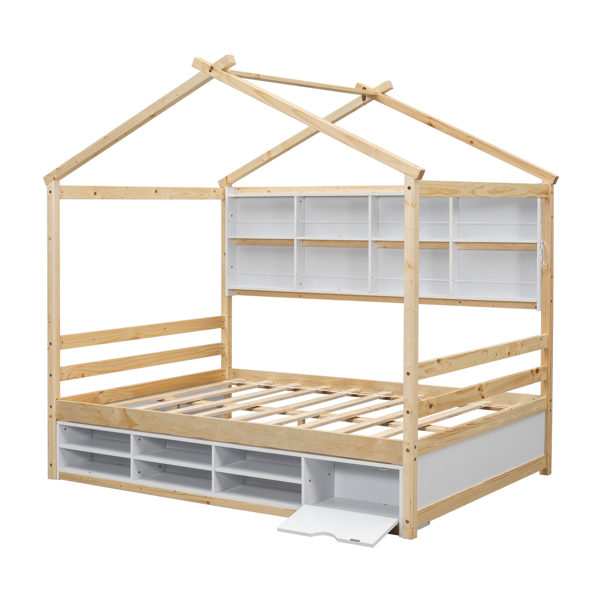 Full House Bed With Roof Frame, Bedside Shelves, Under Bed Storage Unit,Natural Full Natural American Design Pine