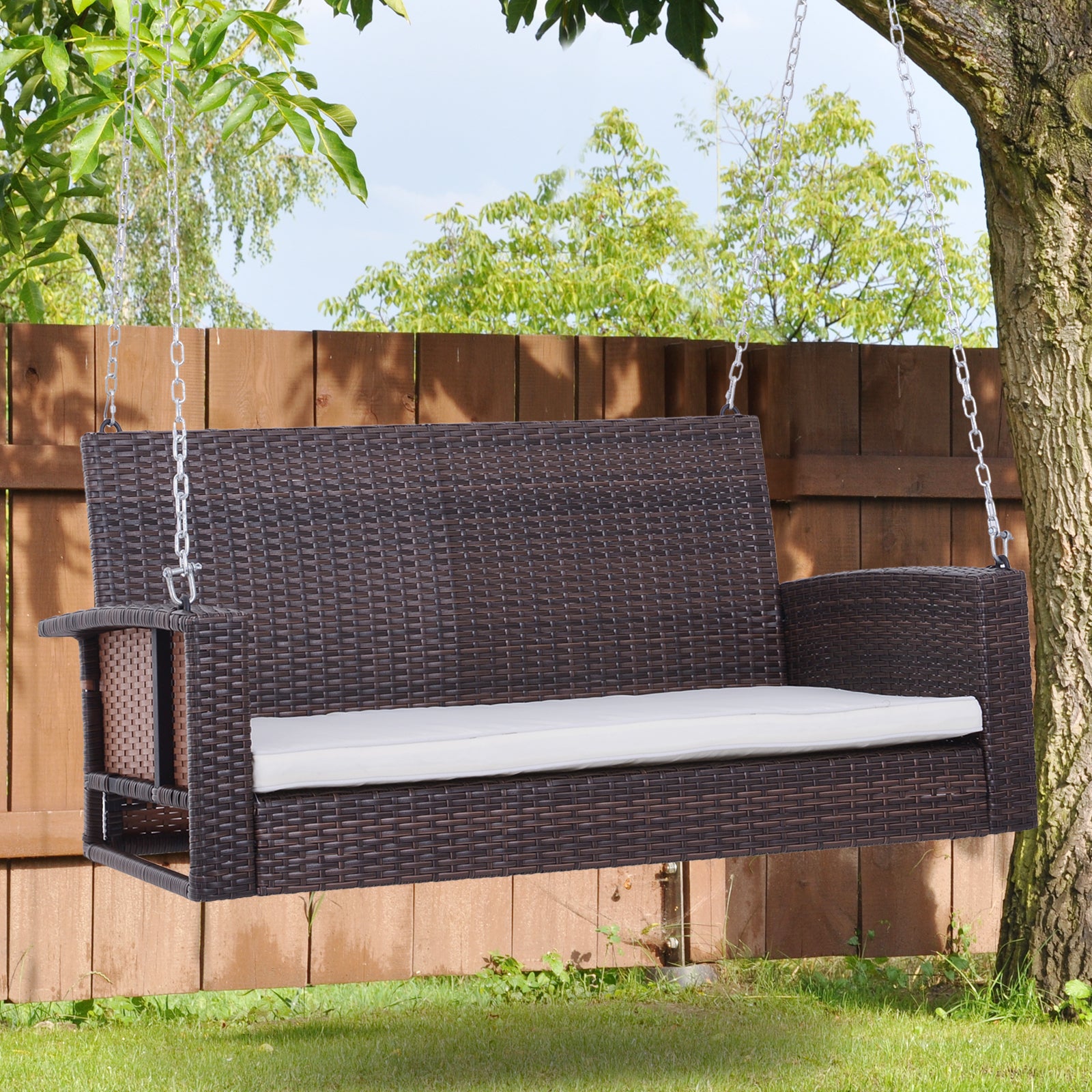 Outsunny 2 Person Wicker Hanging Swing Bench, Front Porch Swing Outdoor Chair With Cushions 550 Lbs. Weight Capacity For Backyard, Garden, Cream White Brown Rattan Metal