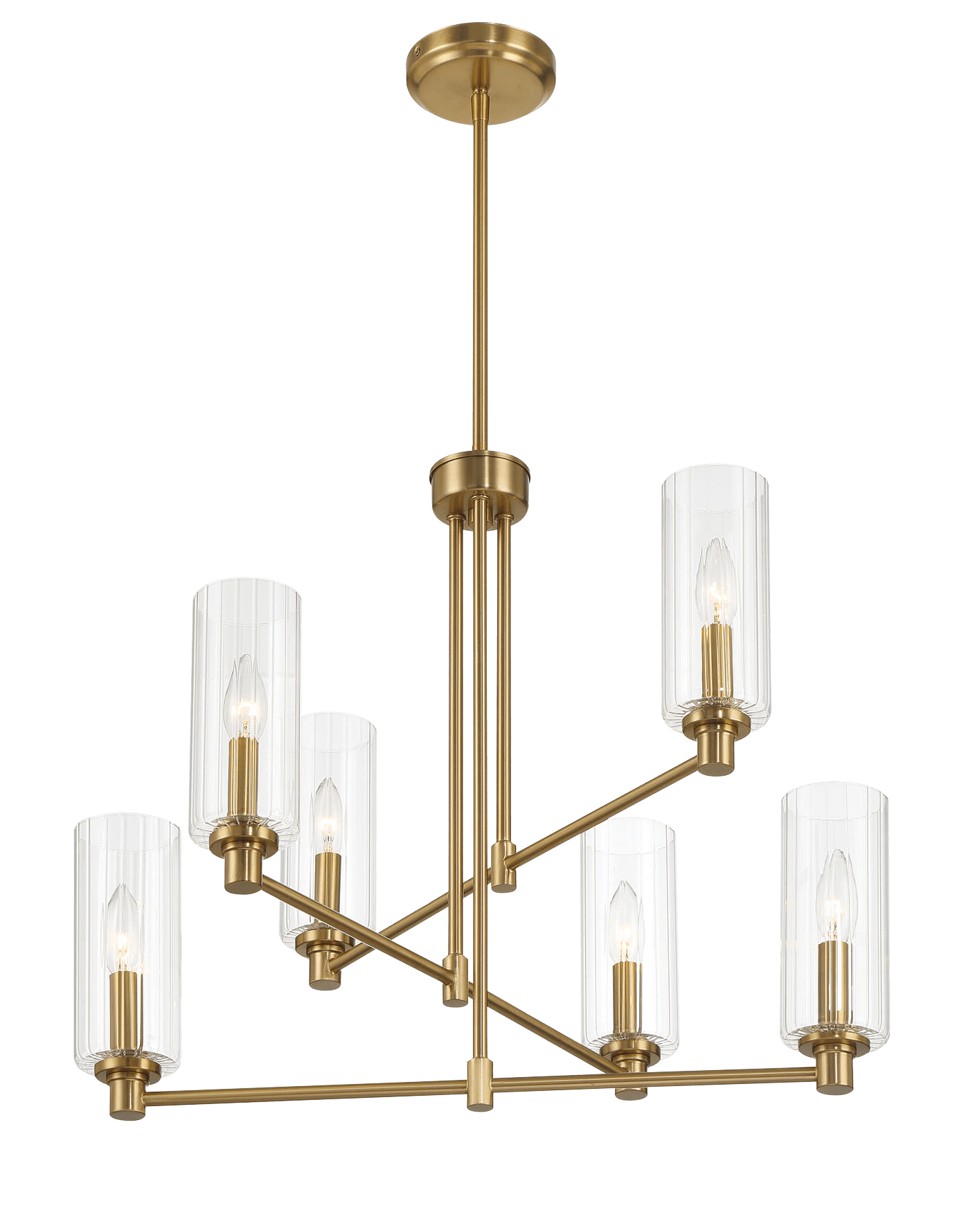 Timeless Six Lights Chandelier With Clear Ribbed Glass Satin Brass Antique Brass,Clear,Gold Ceiling Lights Brass,Glass