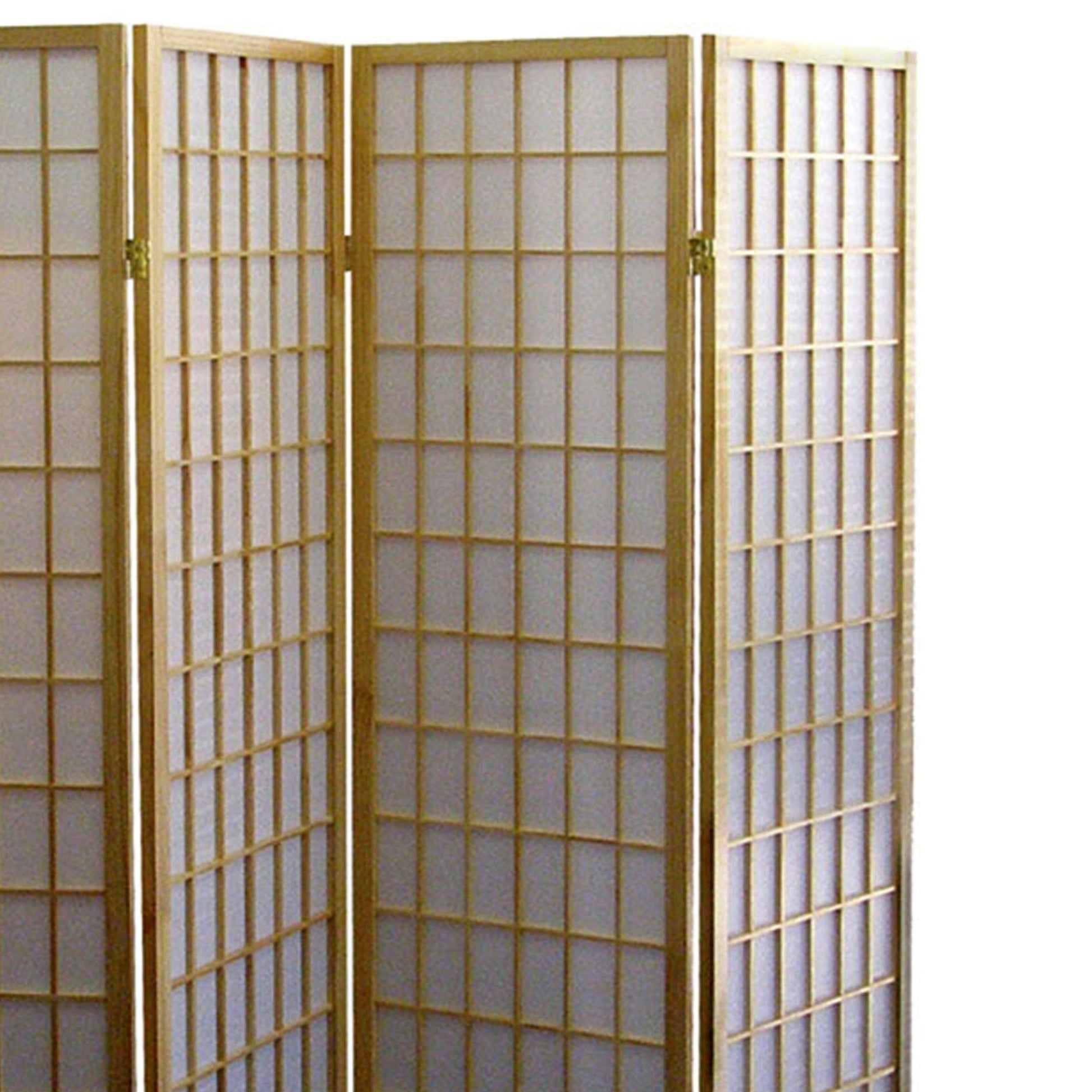 70" Tall 4 Panel Screen Room Divider, Japanese Style With Natural Wood Finish Multicolor Wood