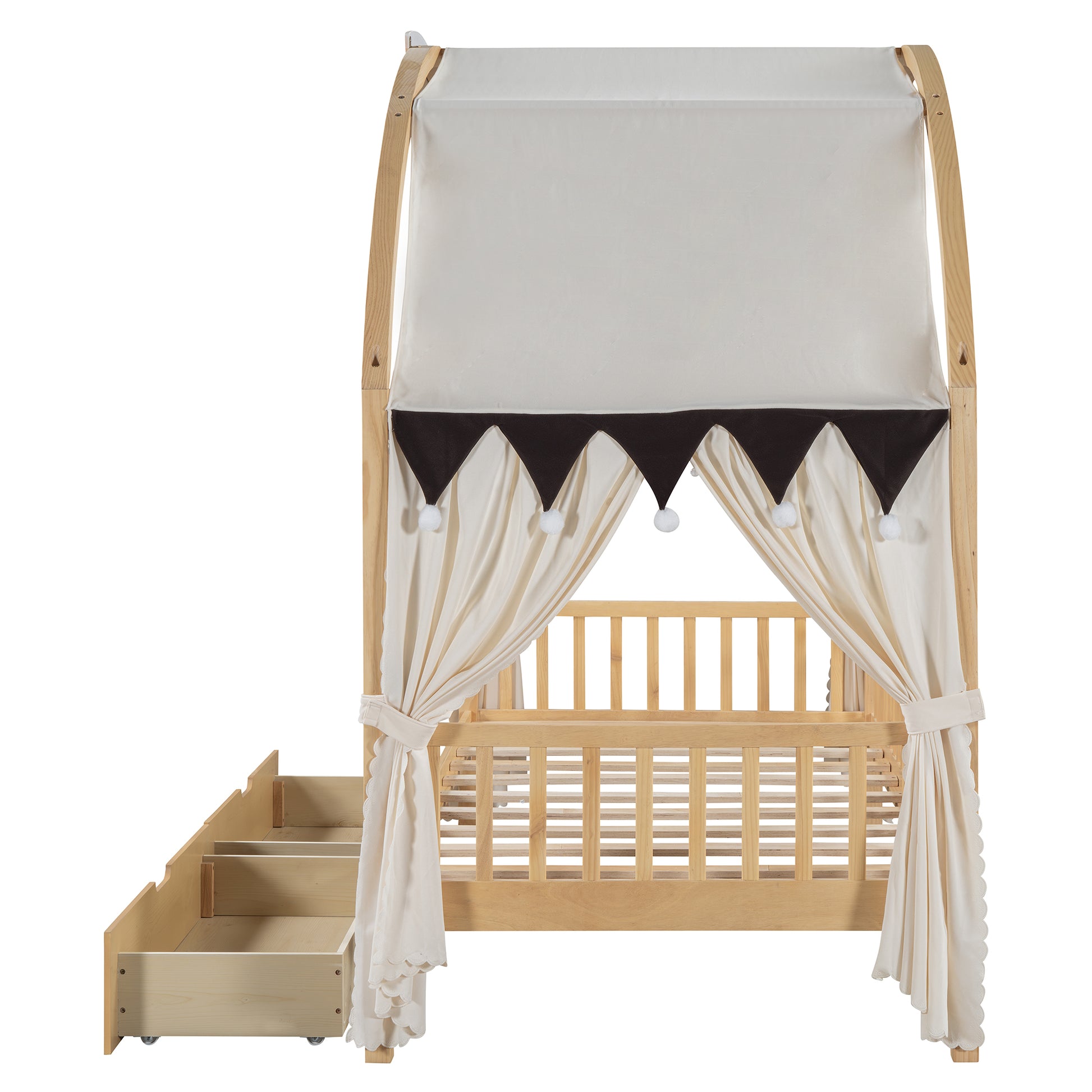 Twin Size Bed With Arched Roof And 2 Drawers, Natural Twin Natural Plywood