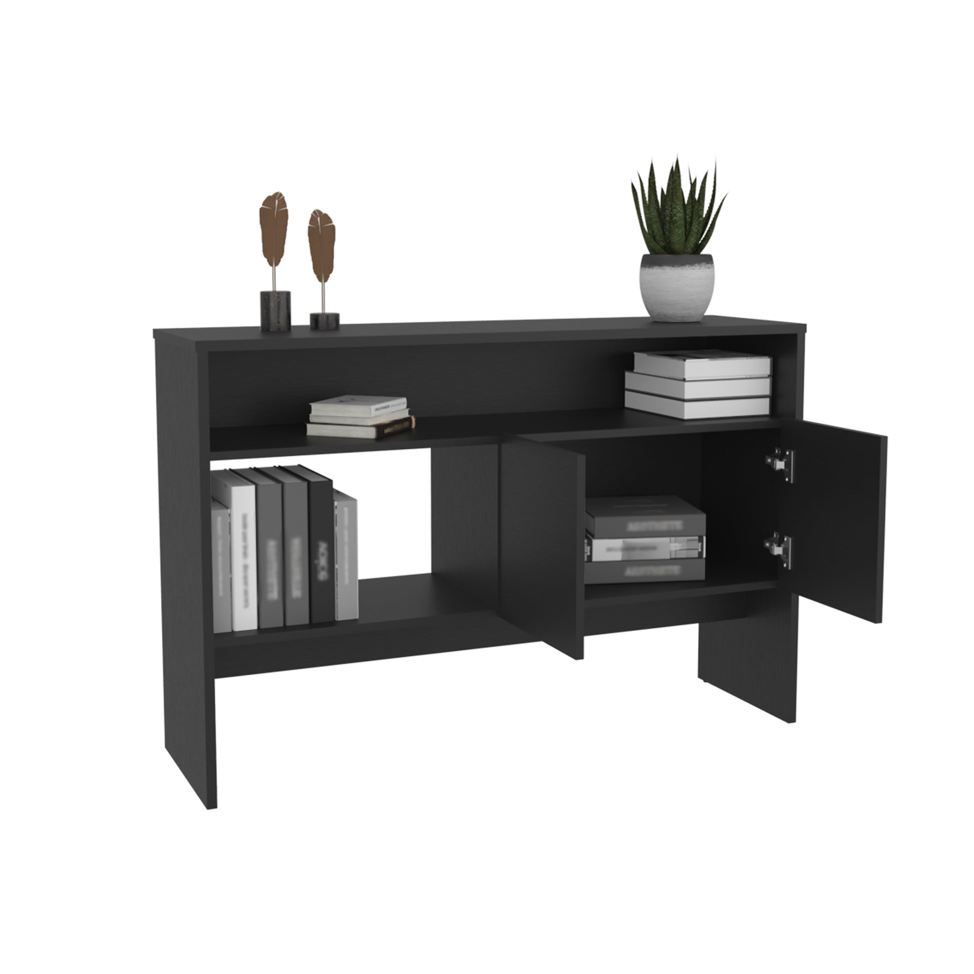 Bellagio 48.7" Wide 2 Tier Narrow Bellagio Console Table With Double Door Cabinet Black Primary Living Space Modern Particle Board