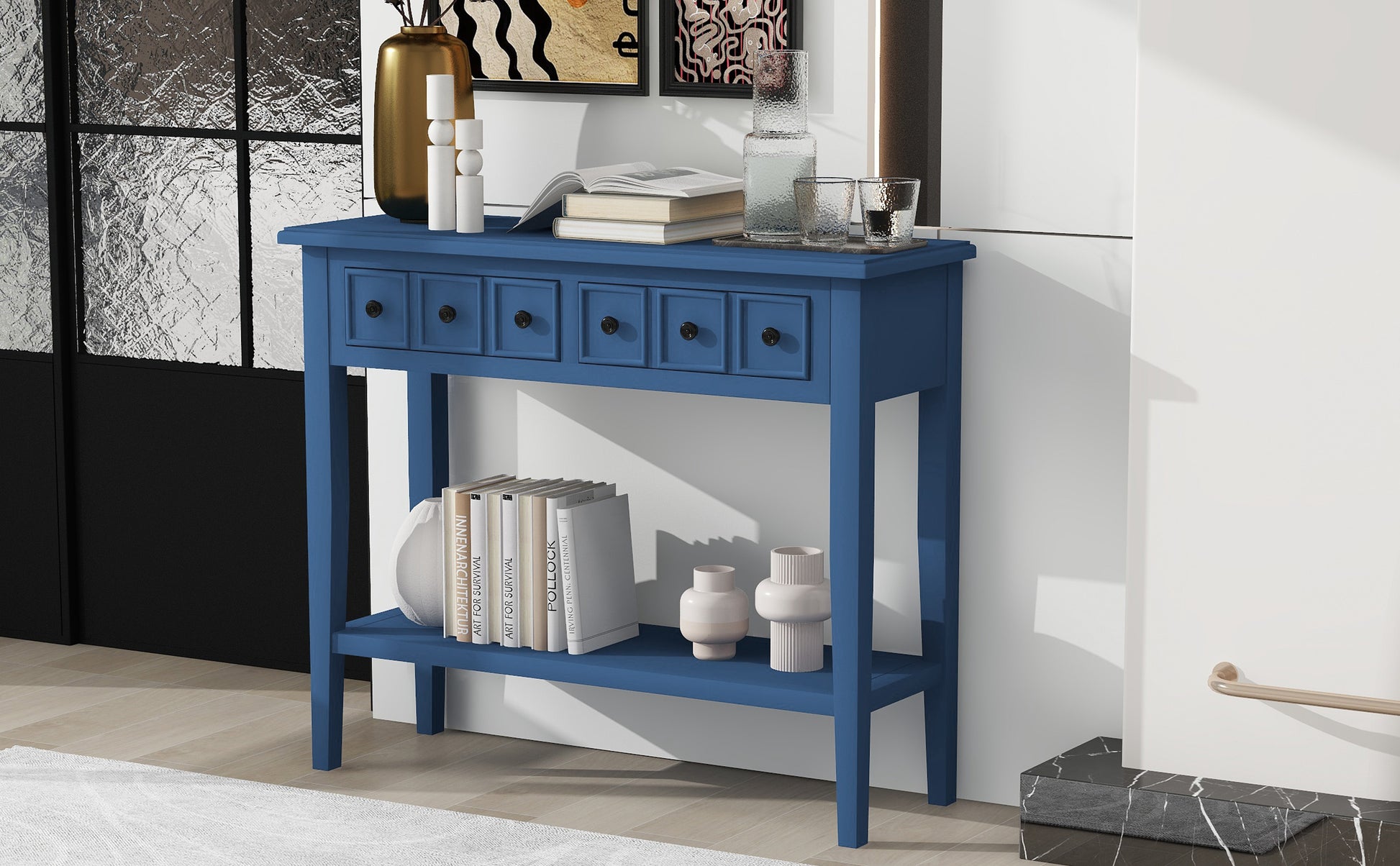 Entryway Table With 2 Drawers, Rustic Console Table With Open Shelf And Rubber Wood Legs For Entryways, Living Rooms, And Hallways Navy Navy Mdf,Rubber Wood