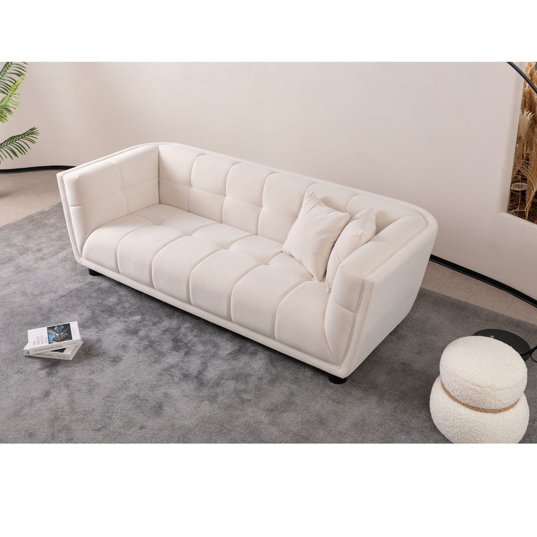 Wks13 Mid Century Modern Style: Simple White Sofa, Small Square Design, Velvet Fabric Texture Smooth, Retro Fashion, Solid Wood Feet, 2 People Design White Retro Broadcloth Pleat 2 Seat