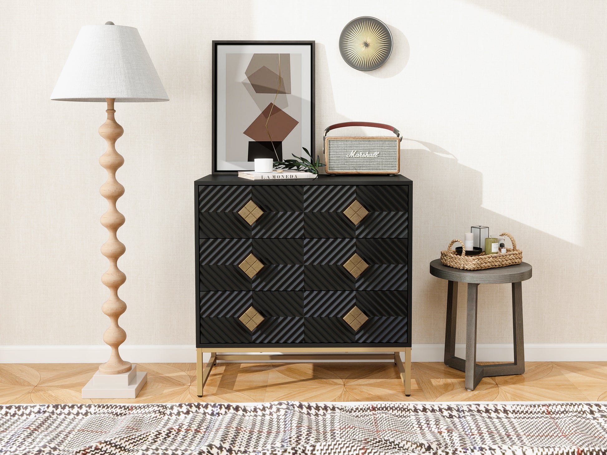 3 Drawer Storage Cabinet,3 Drawer Modern Dresser,Chest Of Drawers With Decorative Embossed Pattern Door For Entryway,Living Room,Bed Room Black Modern Particle Board Mdf