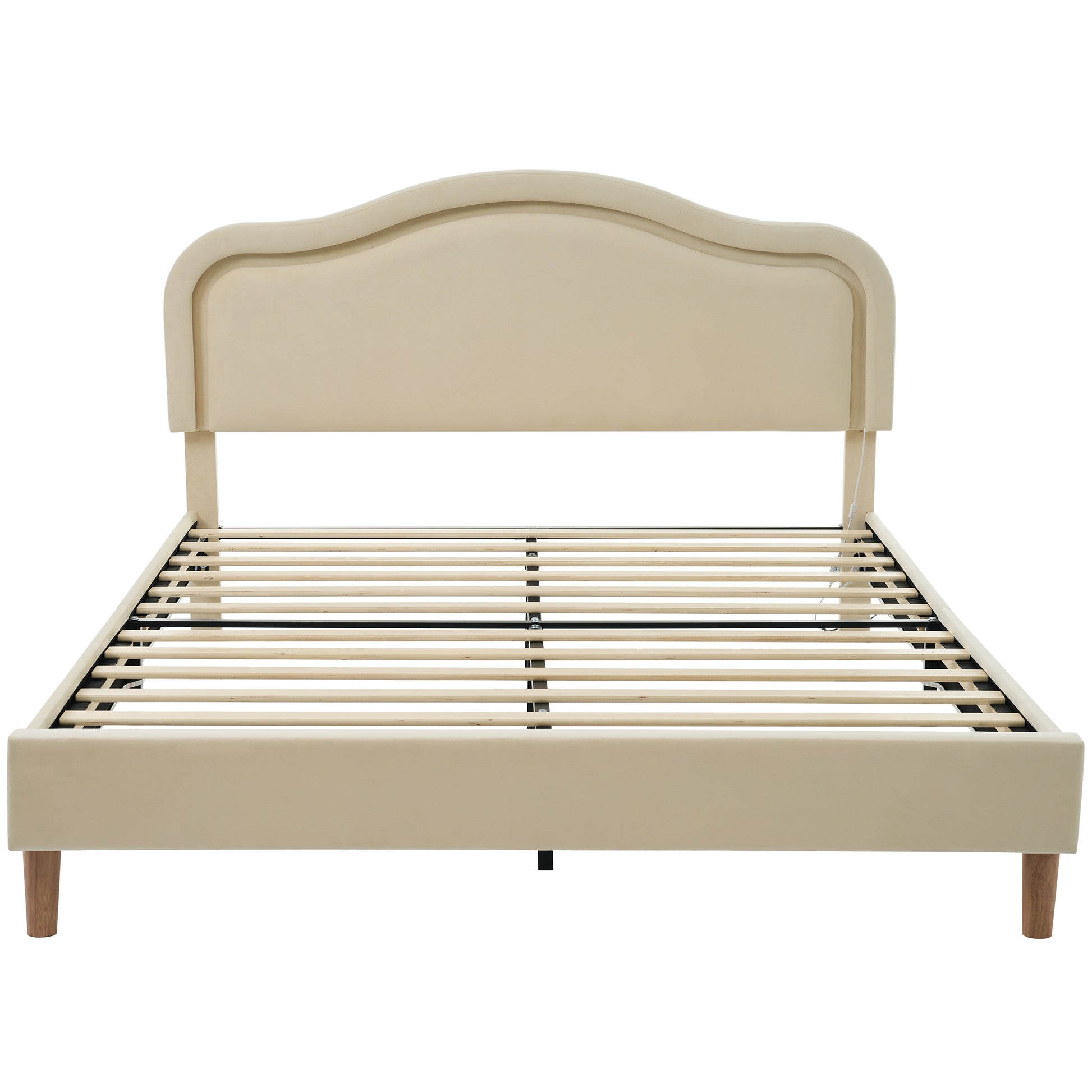 Queen Size Velvet Upholstered Smart Led Bed Frame With Adjustable Height Headboard,No Box Spring Needed,Easy Assembly,Beige Box Spring Not Required Queen Beige Wood Bedroom Cute,Modern Bed Frame Wood