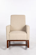 Mid Century Modern Accent Chair With Wood Frame, Upholstered Living Room Chairs With Waist Cushion, Reading Armchair For Bedroom Sunroom Grey White Linen