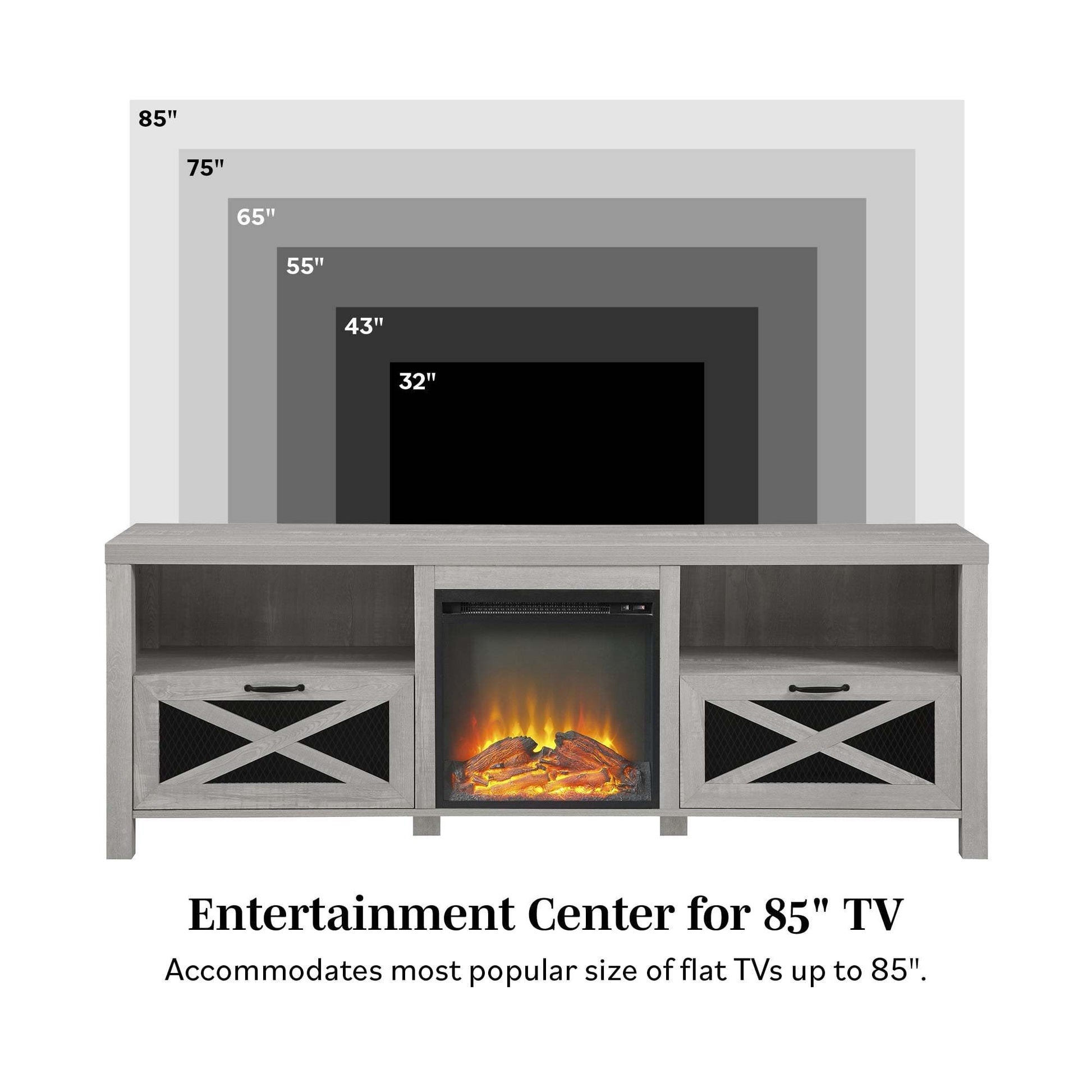 Industrial Farmhouse Metal Mesh Drop Down X Door 70" Fireplace Tv Stand For 80" Tvs Stone Grey Stone Gray Mdf