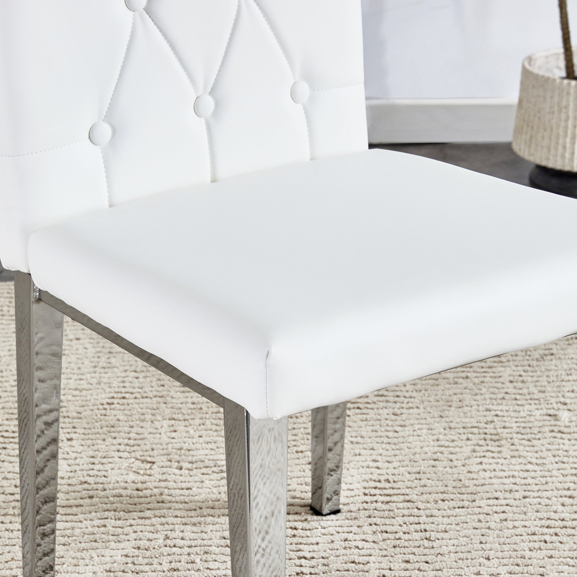 Table And Chair Set.63"X35.4" White Marble Patterned Mdf Dining Table Set With 4 Armless White Pu Chairs.Showcasing A Modern And Stylish Look. White Seats 4 Mdf Metal