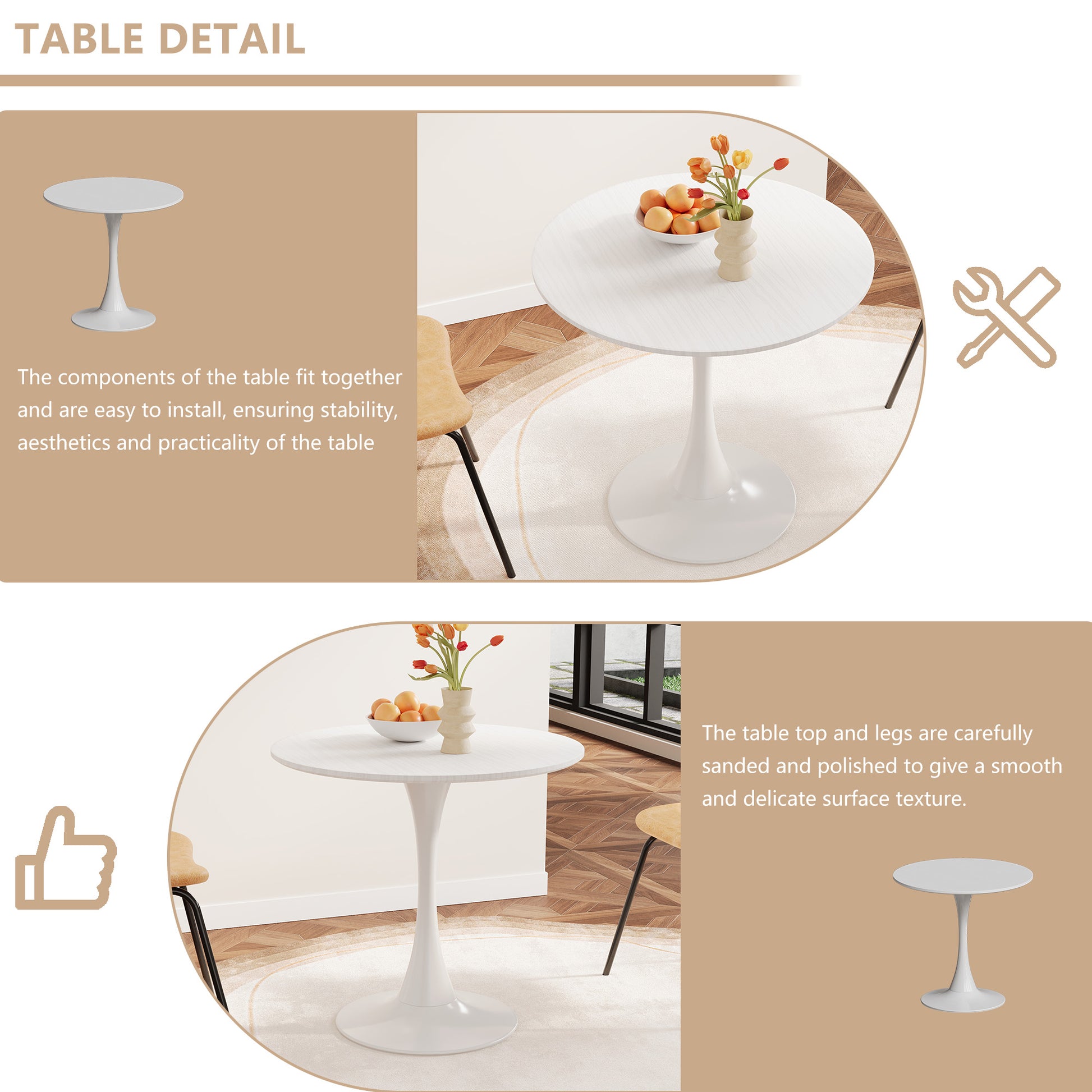 31.4 "Round Dining Table, Medieval White Tulip Dining Table, 2 3 Person Metal Base Dining Table, Easy To Assemble Casual Coffee Table, Office Desk White Mdf