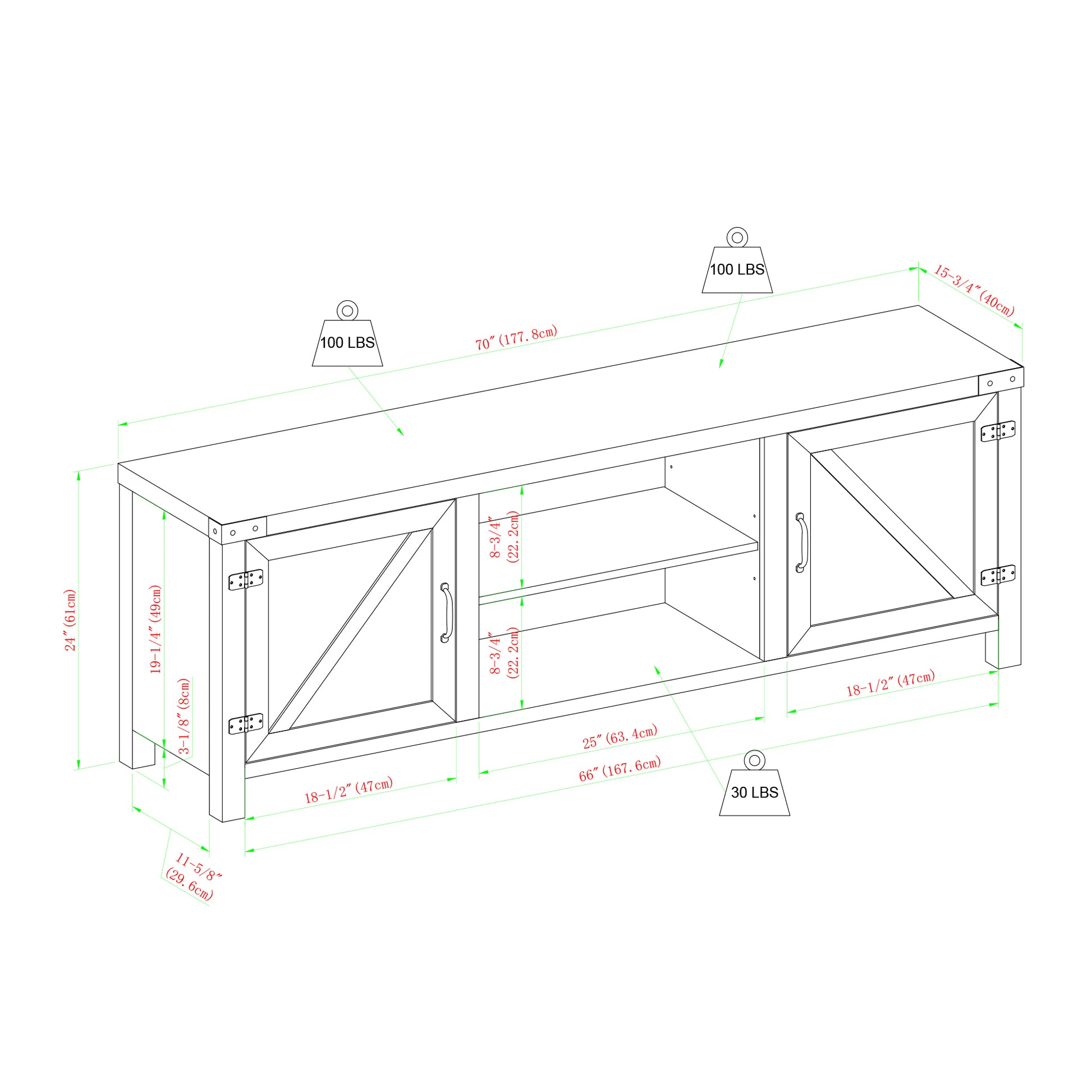 Rustic Farmhouse Double Barn Door 70" Tv Stand For 80" Tvs With Center Shelves White Oak Brown Mdf