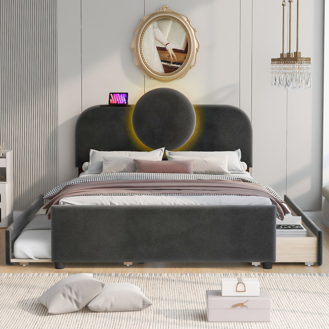 Full Size Upholstered Platform Bed With Multi Functional Led Headboard, Trundle And 2 Drawers, Gray Box Spring Not Required Full Gray Wood Bedroom Upholstered
