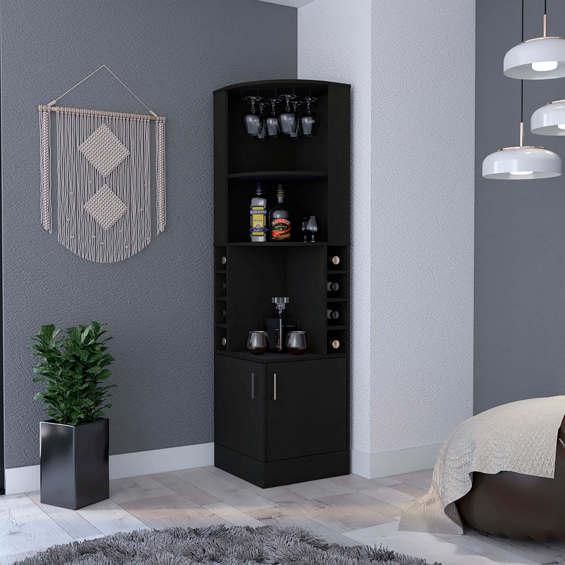 Delhi Corner Bar Cabinet, Eight Built In Wine Rack, Glass Rack, Double Door Cabinet Black Melamine Particle Board