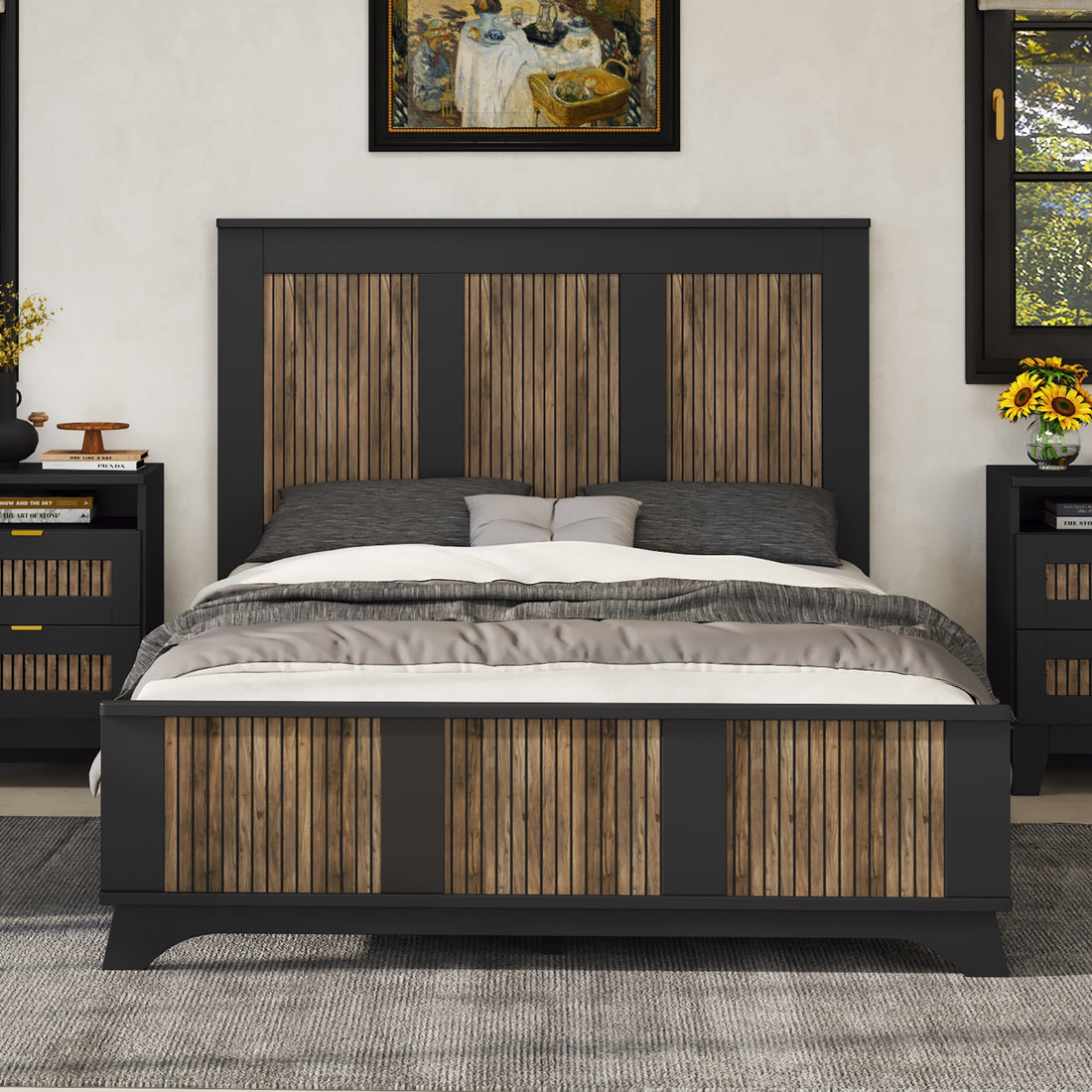 Farmhouse Wooden Platform Full Size Bed, Modern Platform Bed With Wooden Strip Decoration, Plywood Slats Support, Black Full Black Particle Board