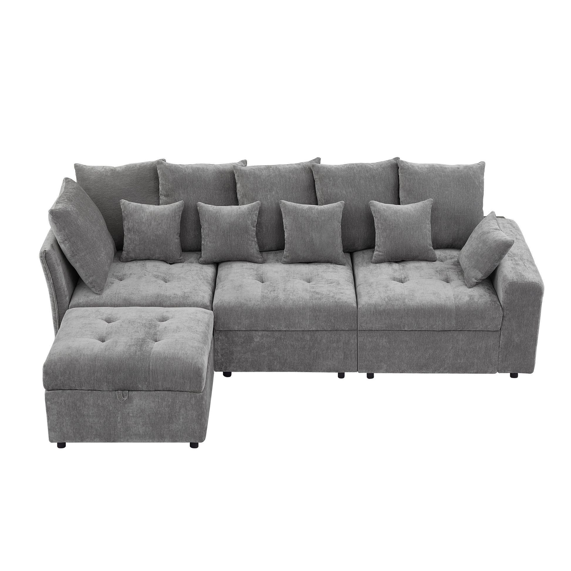 96.45"Sectional Sofa Modular Sofa Couch With Three Usb Ports, A Removable Storage Ottoman And Five Back Pillows For Living Room, Grey Grey Foam Chenille 4 Seat