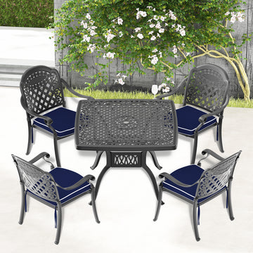 Cushions In Random Colors 5 Piece Set Of Cast Aluminum Patio Furniture With Cushions Yes Dining Set Black Seats 4 Rust Resistant Frame Water Resistant Cushion Garden & Outdoor Complete Patio Sets Aluminium