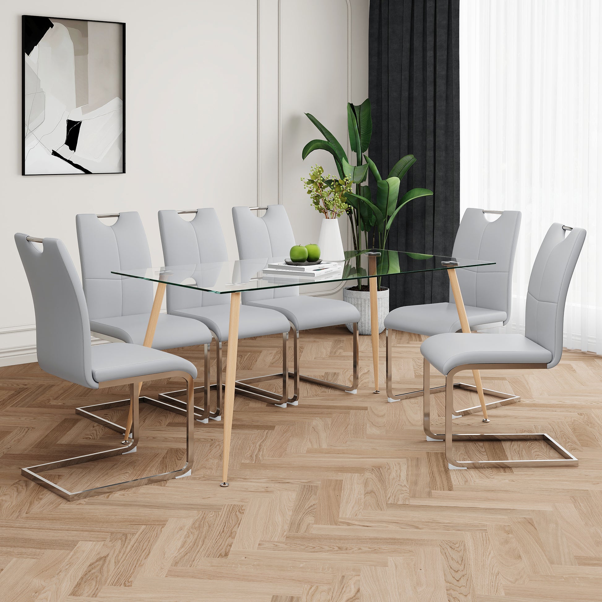 Modern Simple Rectangular Glass Dining Table, Solid Tempered Glass Countertop, Wood Transfer Metal Table Legs, Gray Pu Dining Chair Set, Suitable For Restaurant Kitchen Use Set Of 7 Upholstered Chair Glass Gray Pu Seats 6 Metal Rectangular Dining Table
