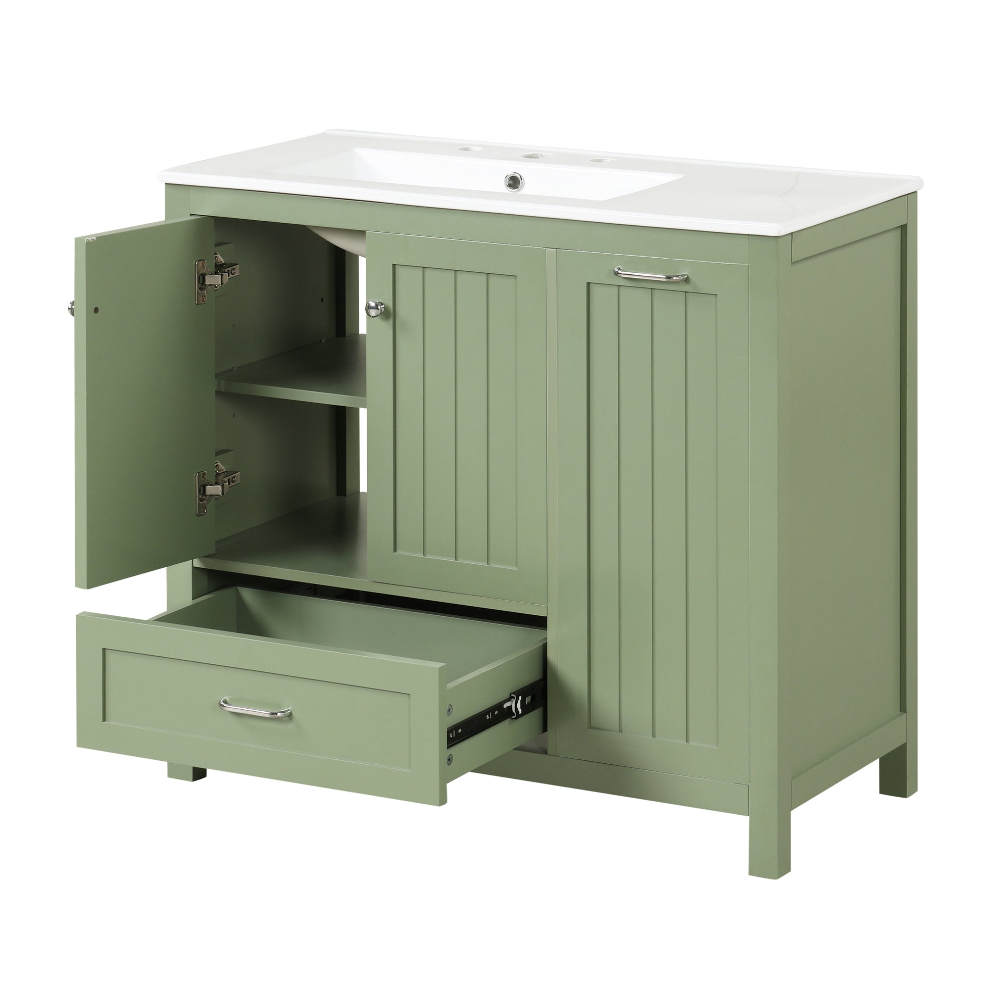 36" Bathroom Vanity With Sink, One Cabinet With Two Doors And One Big Drawer And One Flip Drawer, Solid Wood And Mdf Board, Green Green Solid Wood Mdf