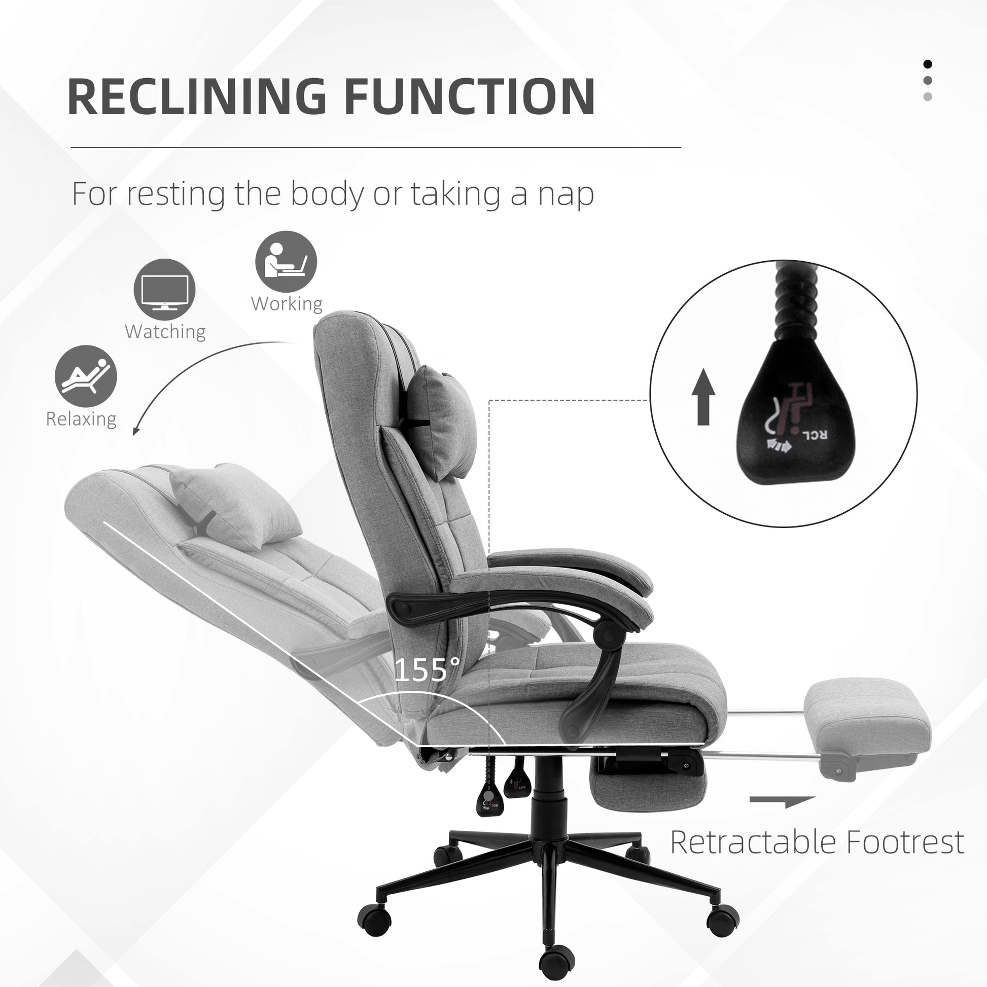 Vinsetto Executive Linen Feel Fabric Office Chair High Back Swivel Task Chair With Adjustable Height Upholstered Retractable Footrest, Headrest And Padded Armrest, Light Grey Grey Polyvinyl Chloride