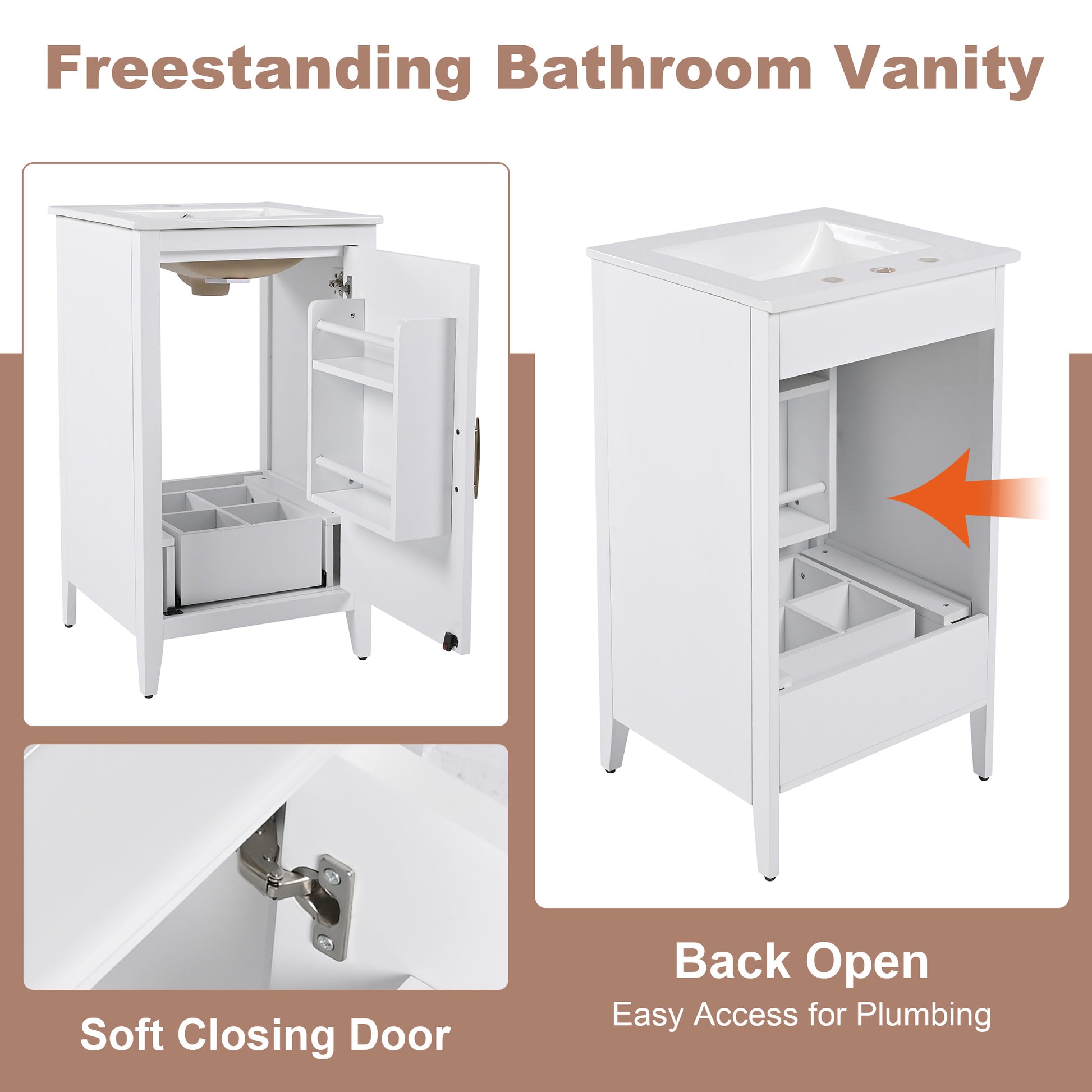 20.3" Bathroom Vanity With Sink, Functional Drawer, Door Shelf, Soft Closing Door, White White Acacia Wood,Ceramic Mdf