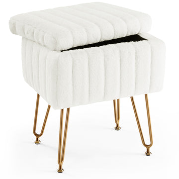 Vanity Stool Chair With Storage, Ottoman Faux Fur Soft Padded Makeup Footstools Seat With 4 Metal Legs Anti Slip Adjustable Feet Modern,White White Faux Fur