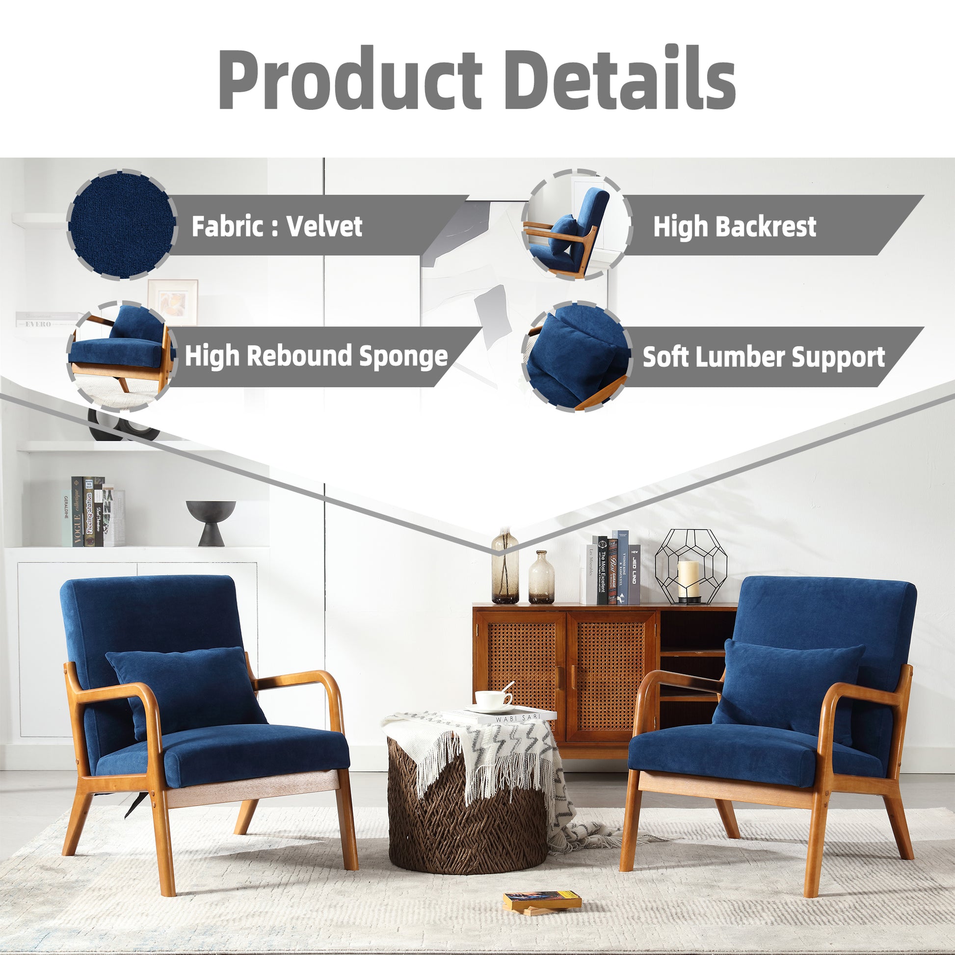 Coolmore Modern Accent Chair, Solid Wood Padding Lounge Armchairs With One Pillow For Living Room, Bedroom, Guest Room Navy Navy Brown Primary Living Space Modern Rubberwood Foam Velvet