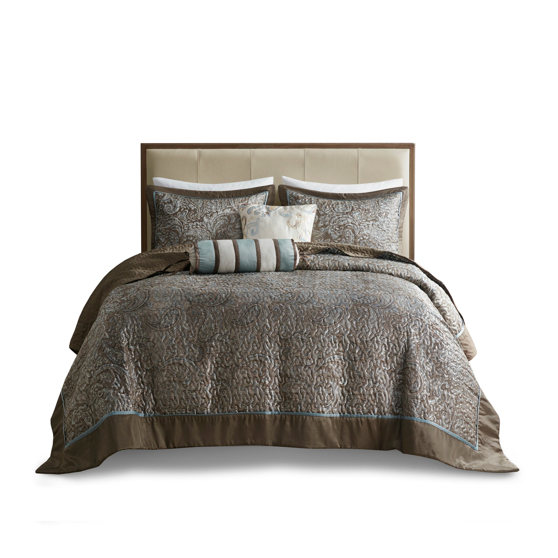 5 Piece Jacquard Bedspread Set With Throw Pillows Blue Brown King King Blue Brown Cotton
