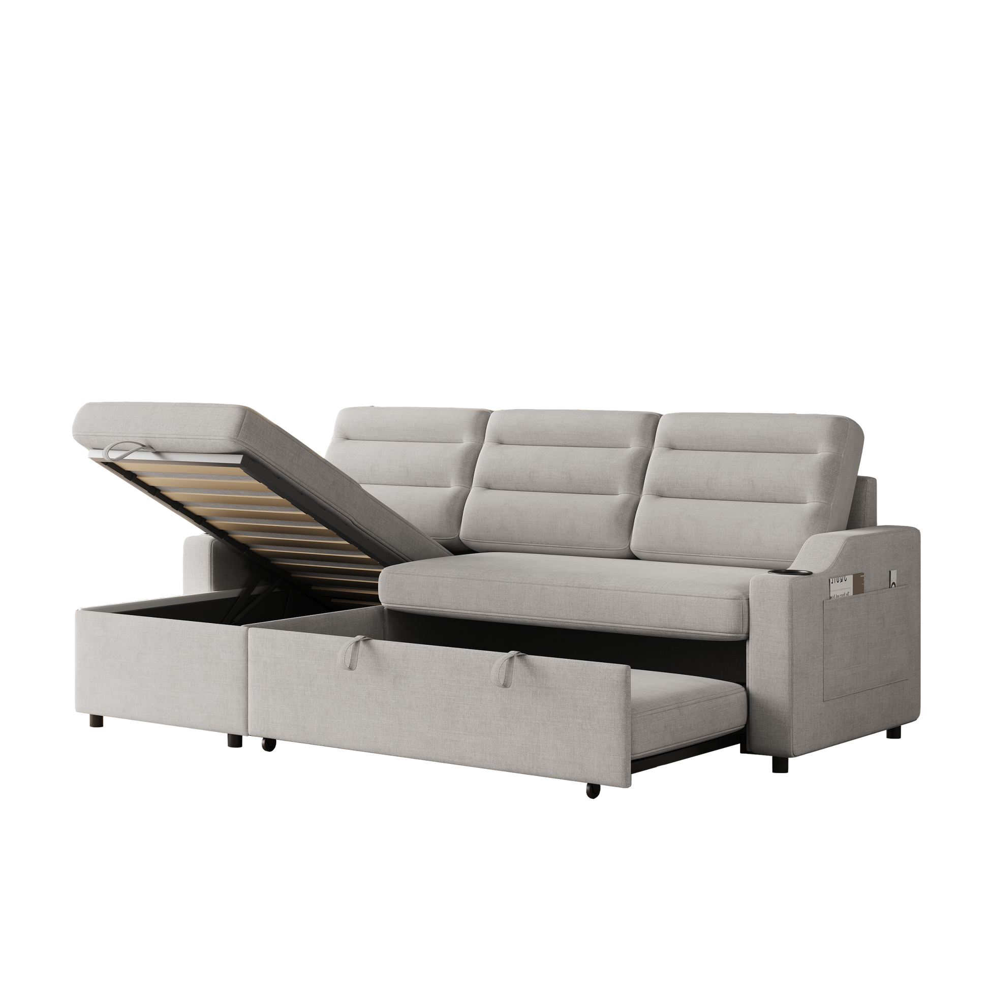 Mh83.5" Convertible Sleeper Combo Sofa, Convertible Sofa Bed Polyester Pullout Bed With Storage Recliner And Cup Holder For Living Room, Tight Spaces Light Grey Polyester Primary Living Space Pine Foam Fabric 3 Seat