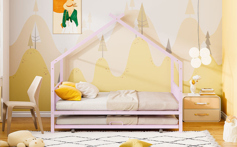 Twin Size Metal House Bed With Twin Size Trundle, Pink Twin Pink Metal