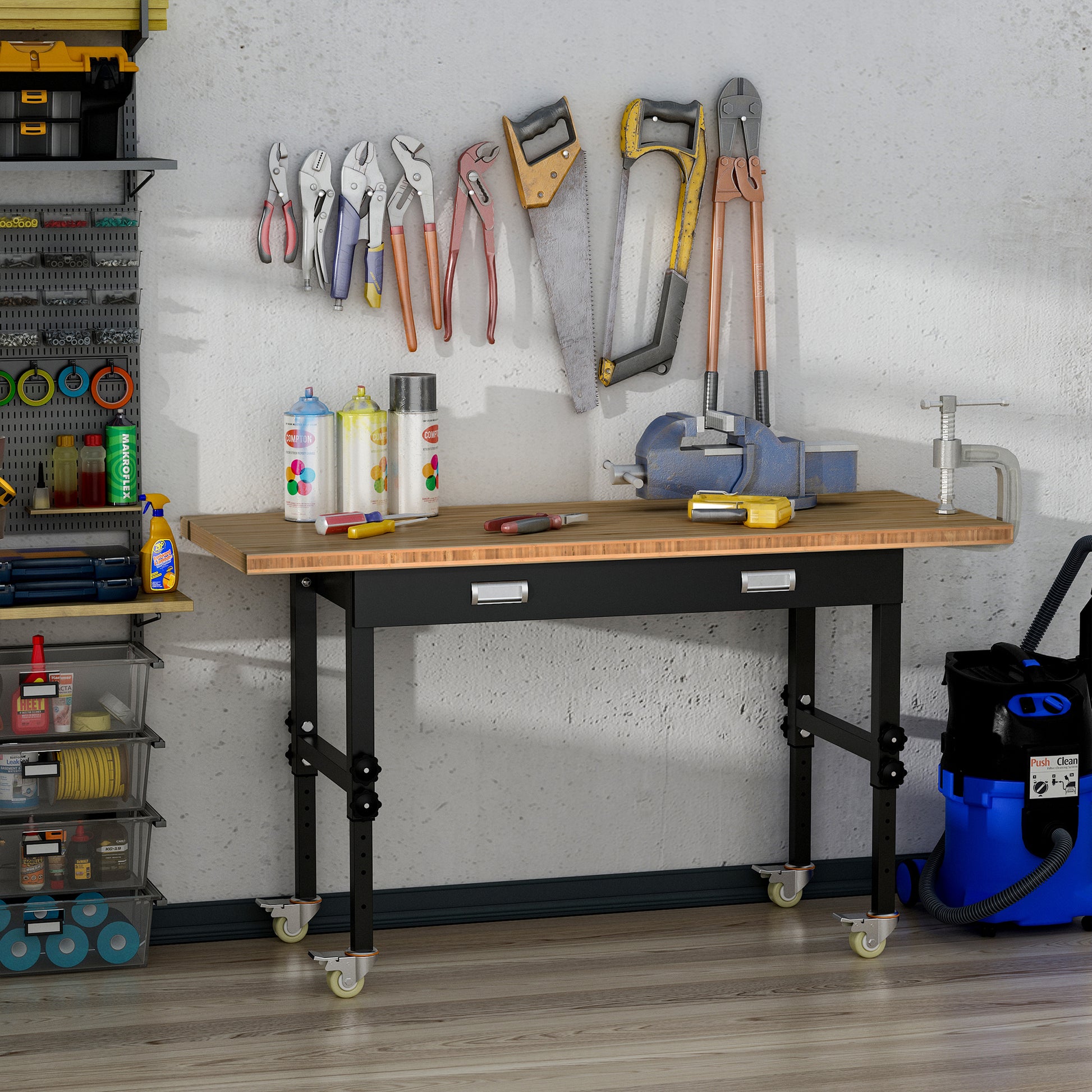 Homcom 59" Work Bench With Drawer, Height Adjustable Legs, Bamboo Tabletop Workstation Tool Table On Wheels For Garage, Weight Capacity 1320 Lbs, Black Natural Natural Wood Bamboo