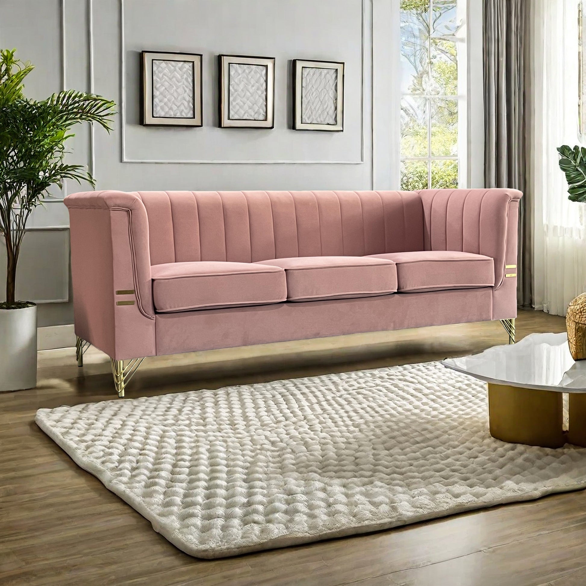 Fx P82 Pk Sofa Modern Designs Velvet Upholstered Living Room Sofa, 3 Seat Sofa Couch With Golden Metal Legs For Home, Apartment Or Office Pink Sofa Pink Velvet 3 Seat